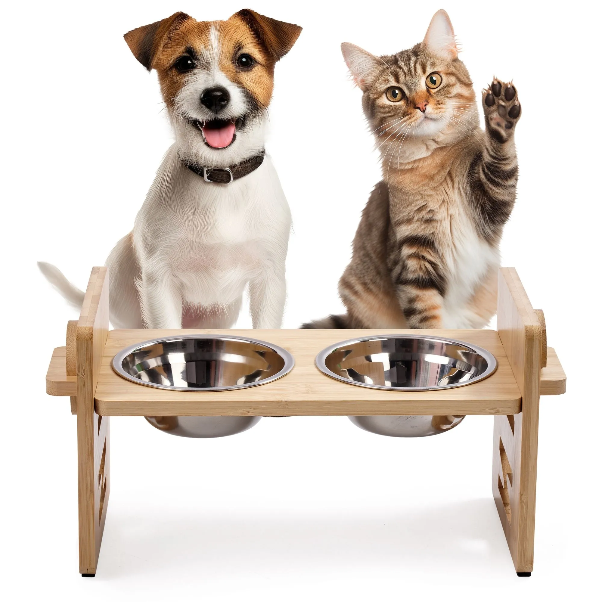 Zestaw 2 misek dla kota, psa, regulacja wysokości, drewniana, 34 cm