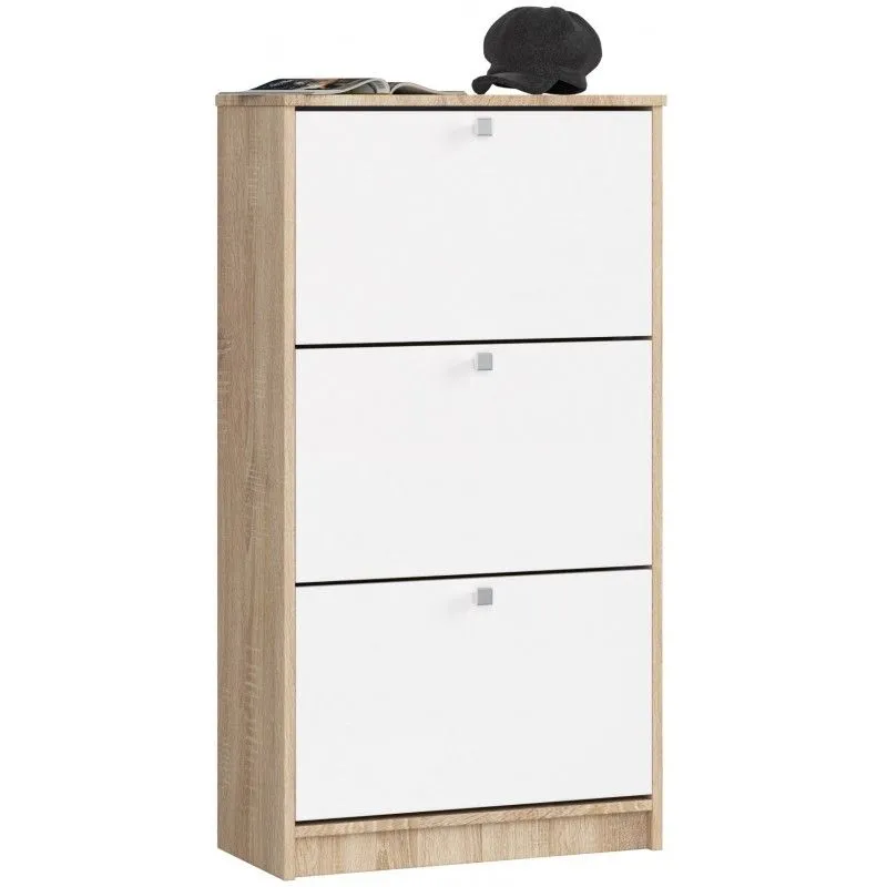 Szafka na obuwie, 3 uchylne drzwiczki, 60x29x113 cm, dąb sonoma, biel, mat