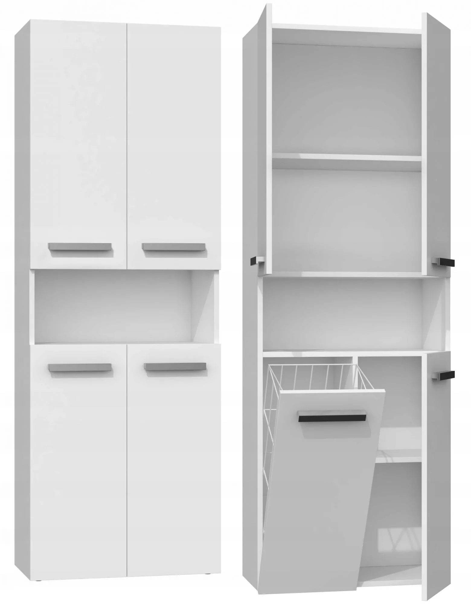 Szafka do łazienki, regał, półka, kosz na pranie, nel, 60x30x174 cm, biel, mat