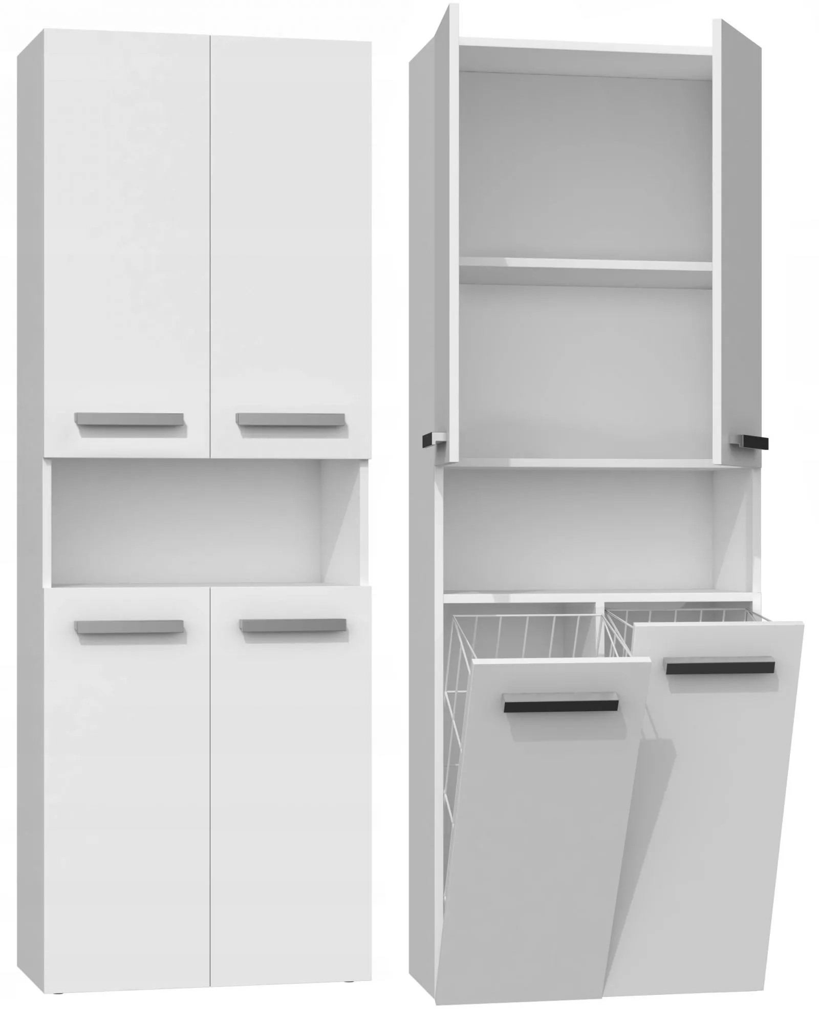 Szafka do łazienki, regał, półka, 2 kosze na pranie, nel, 60x30x174 cm, biel, mat