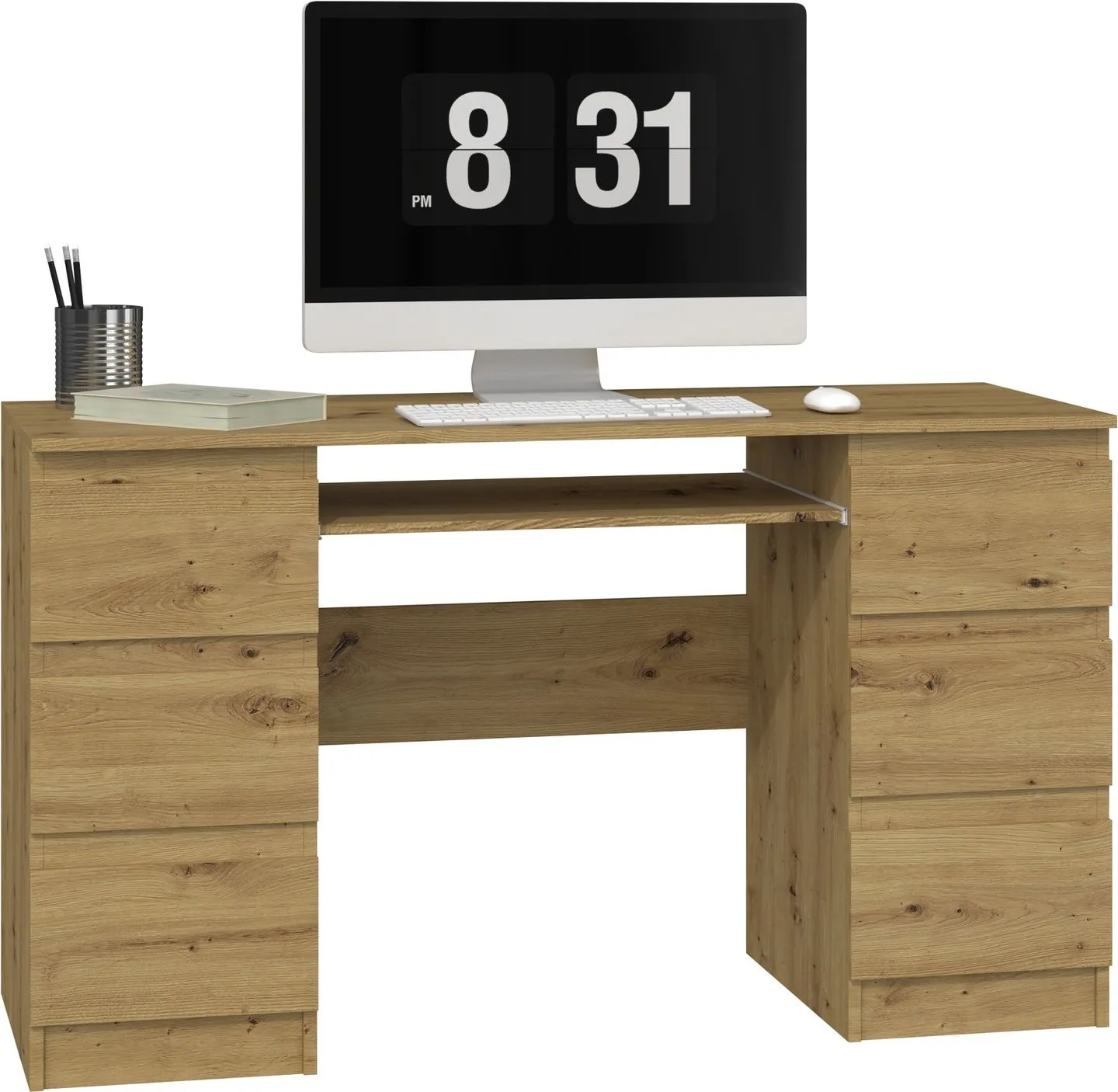 Biurko komputerowe, 6 szuflad, kuba, 130x51x76 cm, dąb artisan