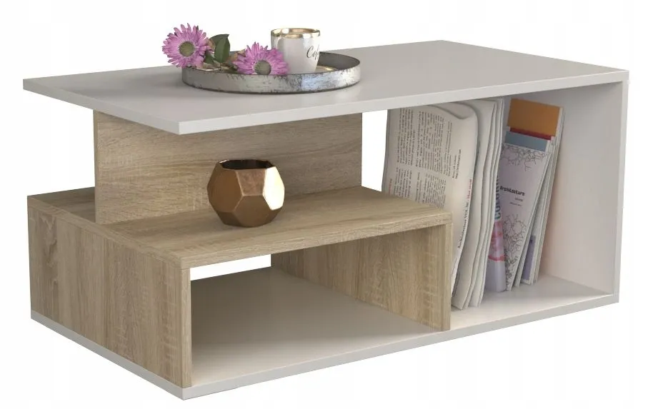 Ława, stolik do salonu, prima, dąb sonoma, biel, mat, 90x51x43 cm