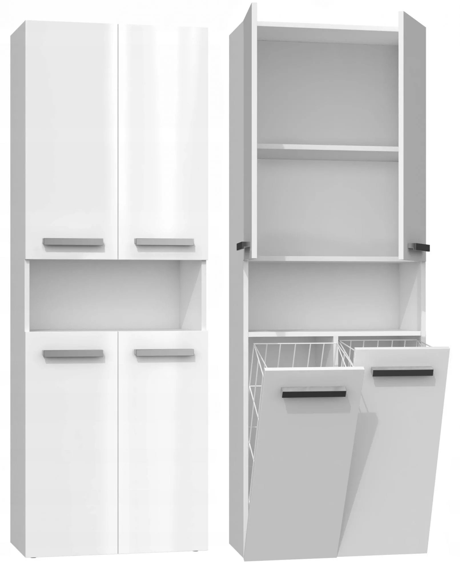 Szafka do łazienki, regał, półka, 2 kosze na pranie, nel, 60x30x174 cm, biel, połysk