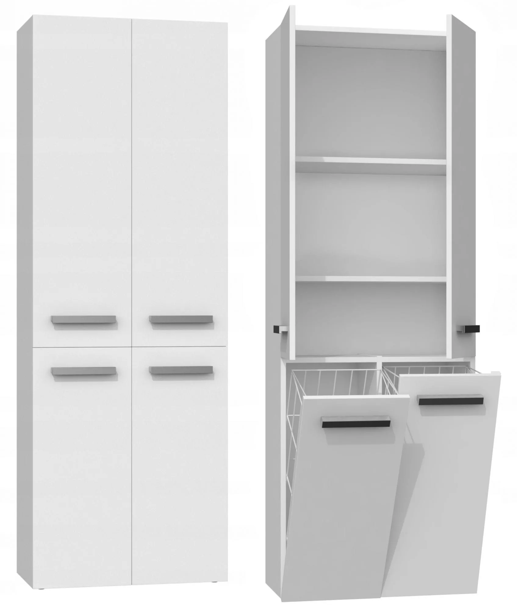 Szafka do łazienki, regał, 2 kosze na pranie, nel, 60x30x174 cm, biel, mat