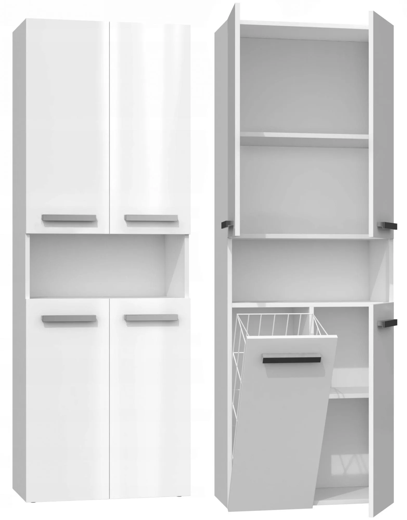 Szafka do łazienki, regał, półka, kosz na pranie, nel, 60x30x174 cm, biel, połysk