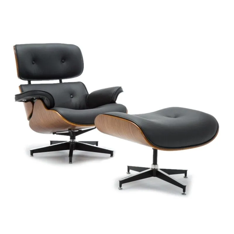 Fotel wypoczynkowy, podnóżek, ekoskóra, lord, czarny, orzech