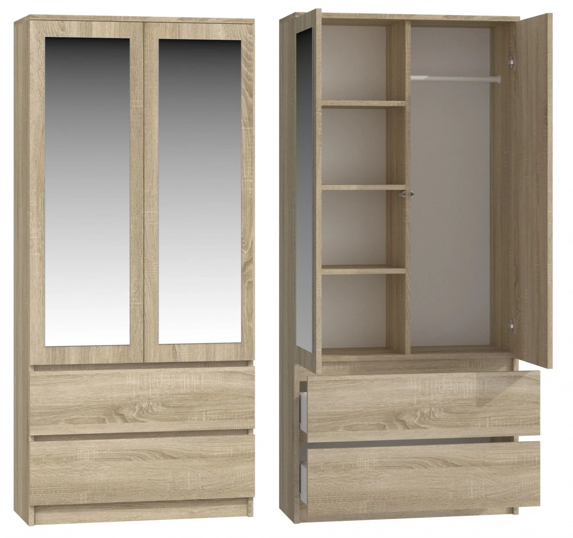 Szafa do sypialni, drzwi, lustra, 2 szuflady, 90x50x180 cm, dąb sonoma