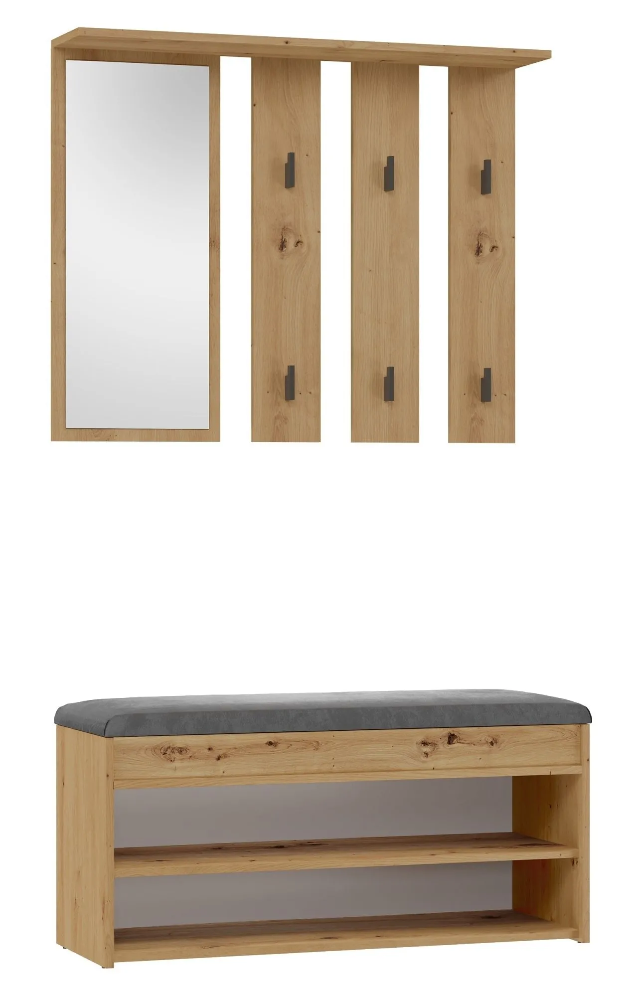 Garderoba, wieszak z lustrem + szafka na obuwie, Parma, 100x35x180 cm, dąb artisan