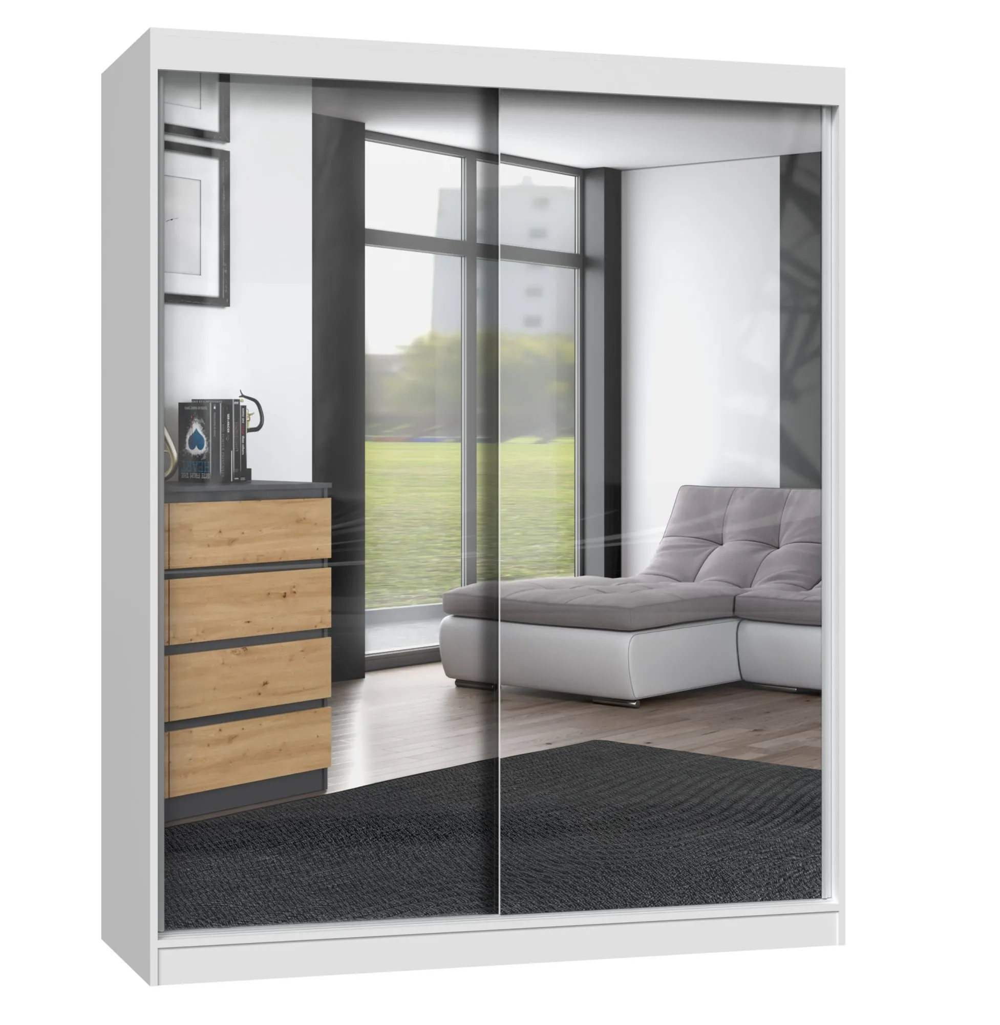 Szafa do sypialni, 2 lustra, drzwi przesuwne, Iga, 160x61x200 cm, biały