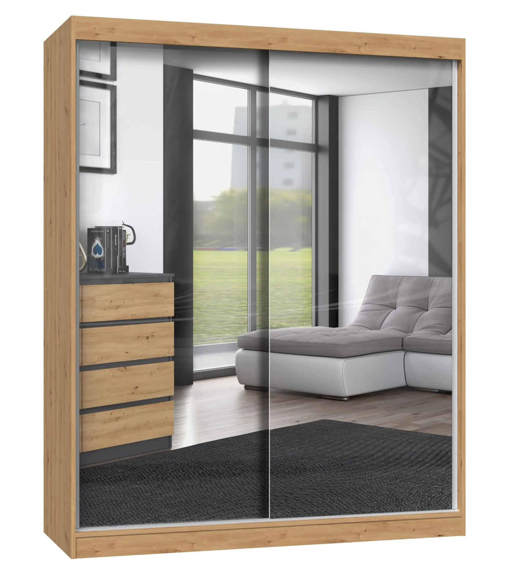 Szafa do sypialni, 2 lustra, drzwi przesuwne, Iga, 160x61x200 cm, dąb artisan