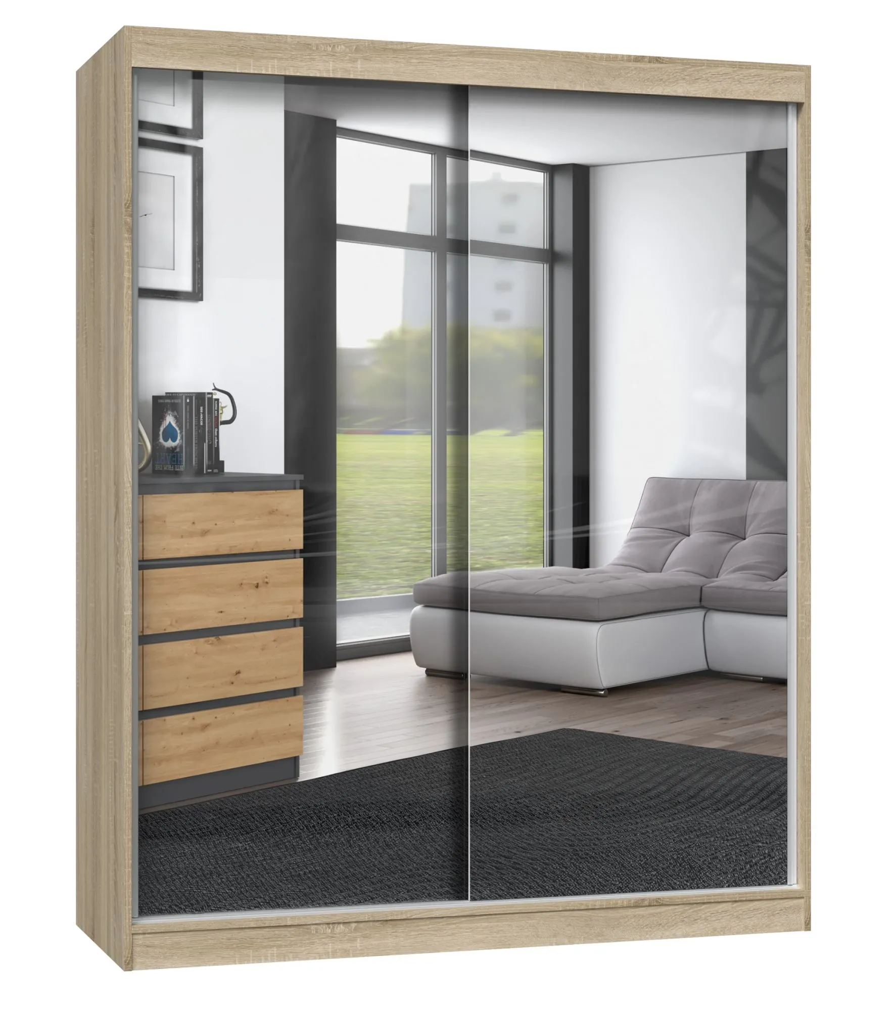 Szafa do sypialni, 2 lustra, drzwi przesuwne, Iga, 160x61x200 cm, dąb sonoma