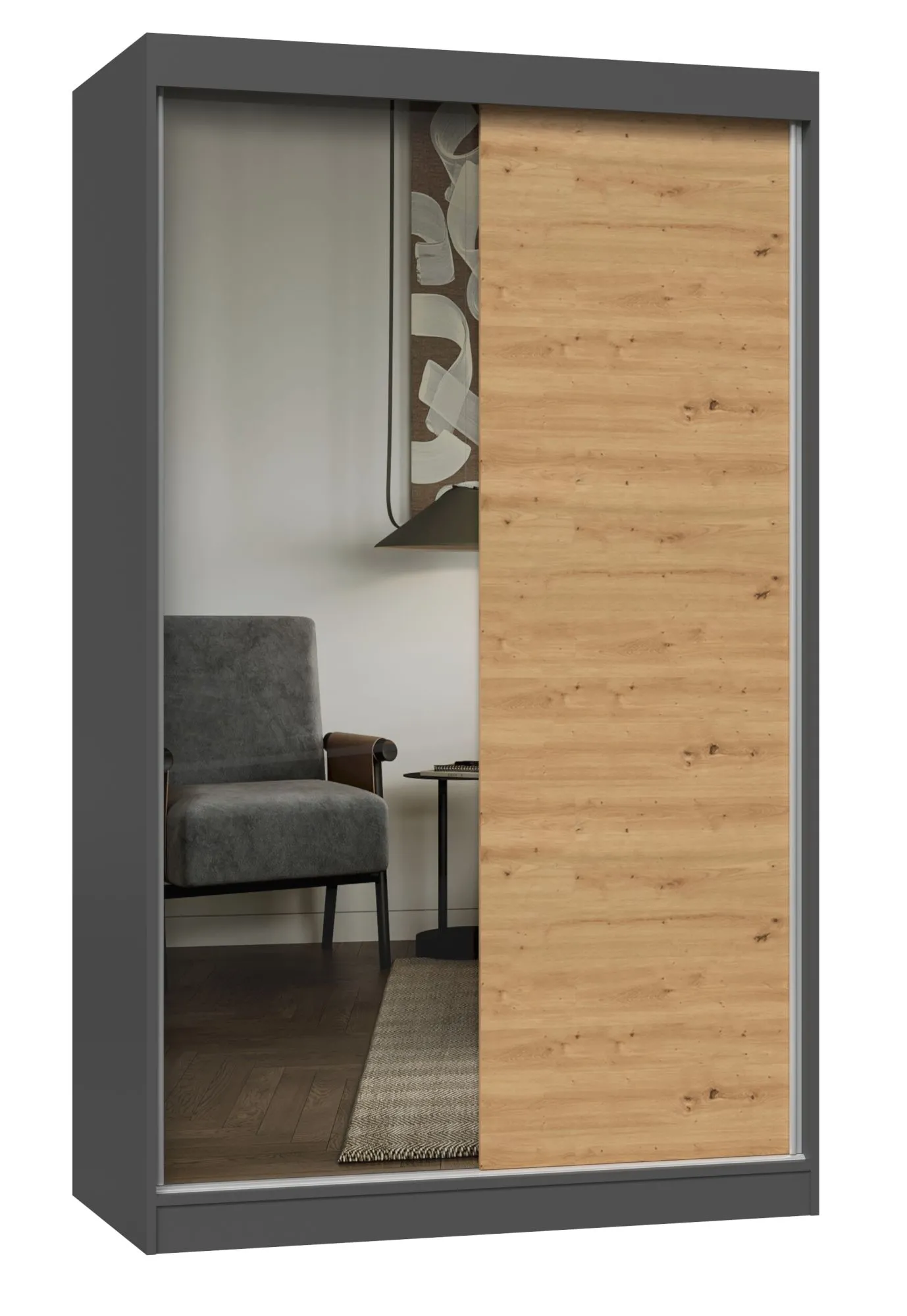 Szafa przesuwna z lustrem, Iga, 120x61x200 cm, antracyt, dąb artisan, mat