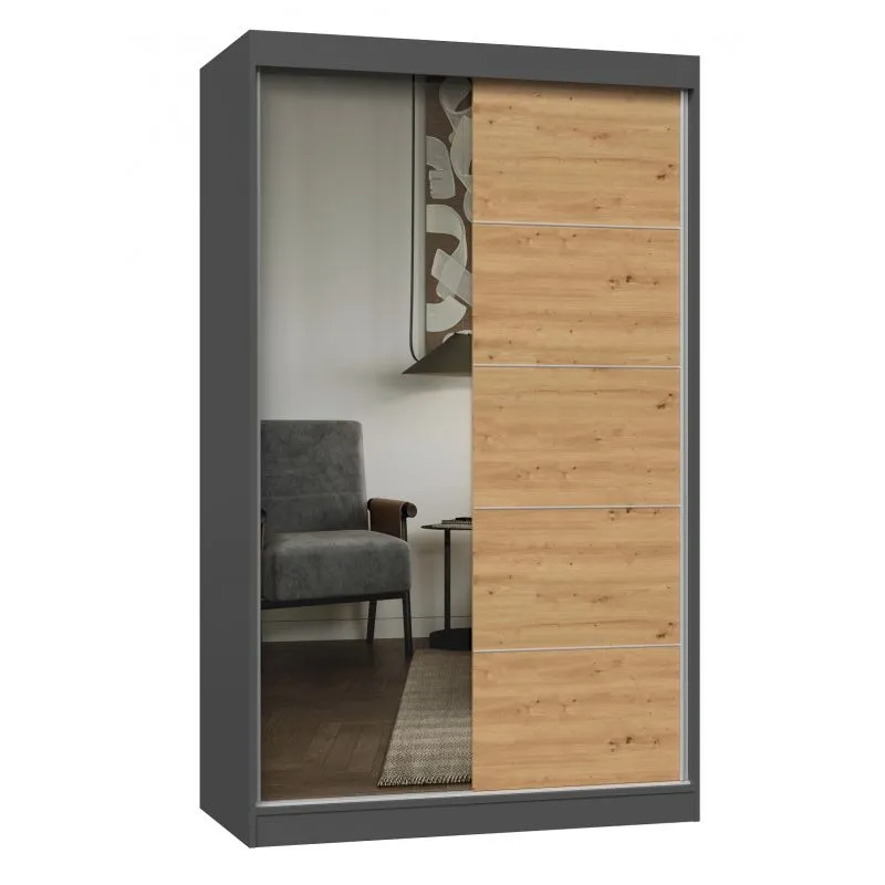 Szafa przesuwna z lustrem i szprosami, Iga, 120x61x200 cm, antracyt, dąb artisan, mat