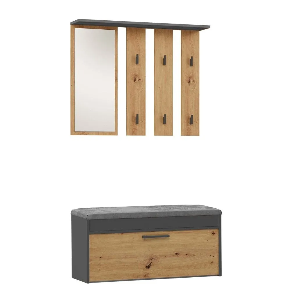 Wieszak z lustrem + szafka na obuwie, Parma, 100x35x180 cm, antracyt, dąb artisan