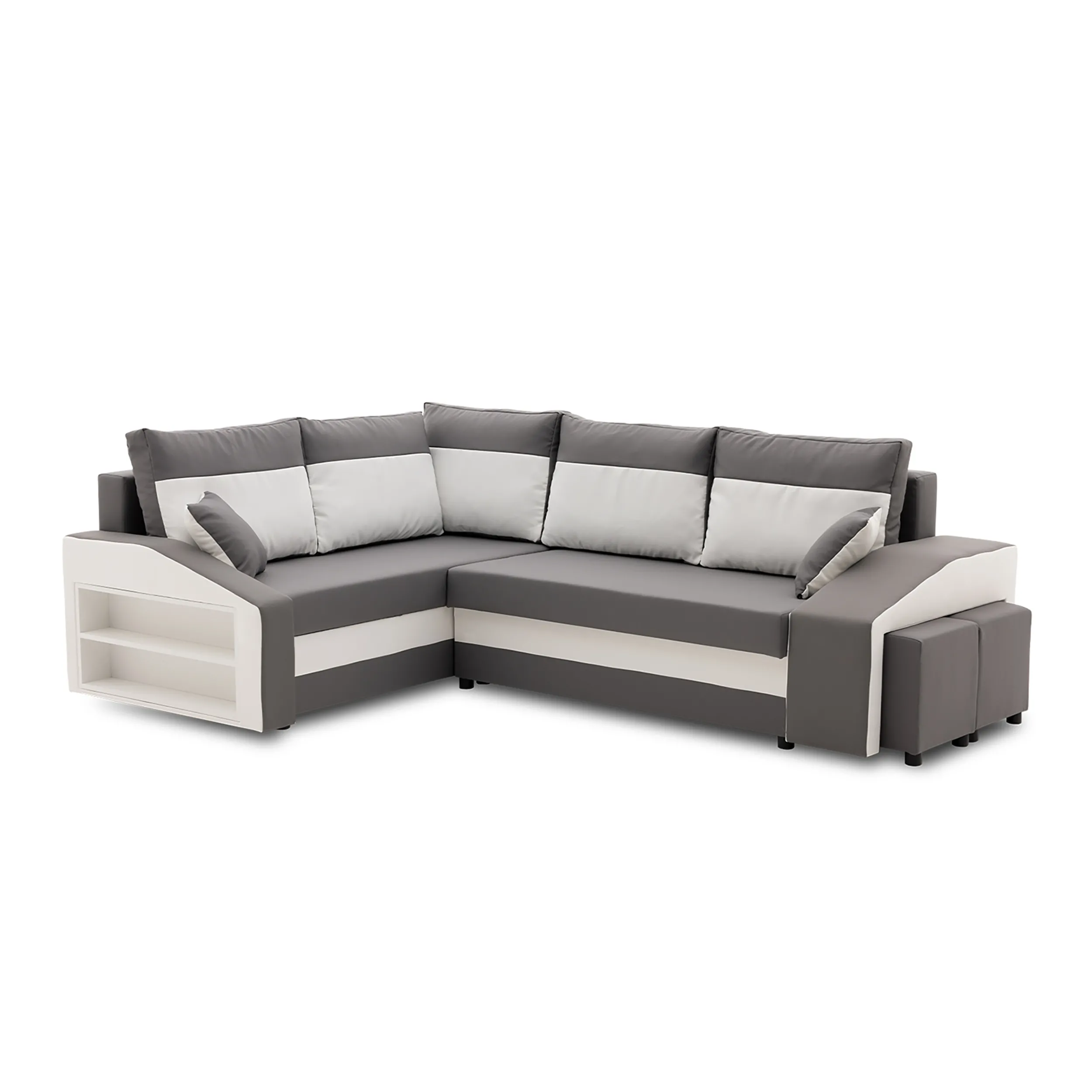 Narożnik, lewy, półka, pufy w prawym, LUSSO, 254x179x82 cm, szary, biały