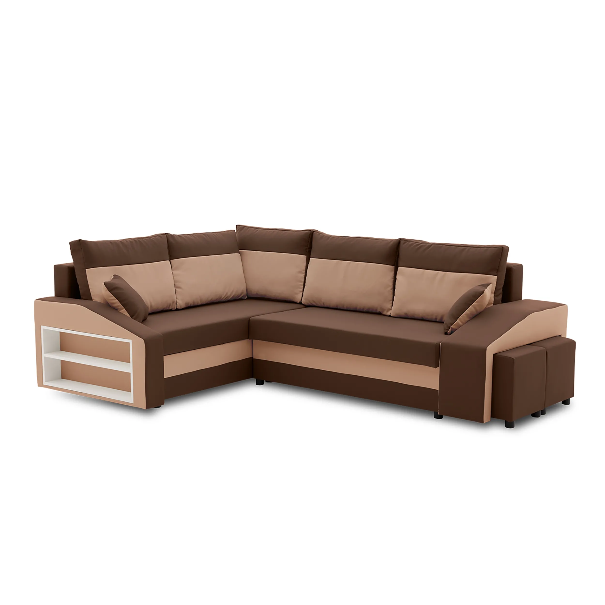 Narożnik, lewy, półka, pufy w prawym, LUSSO, 254x179x82 cm, brąz