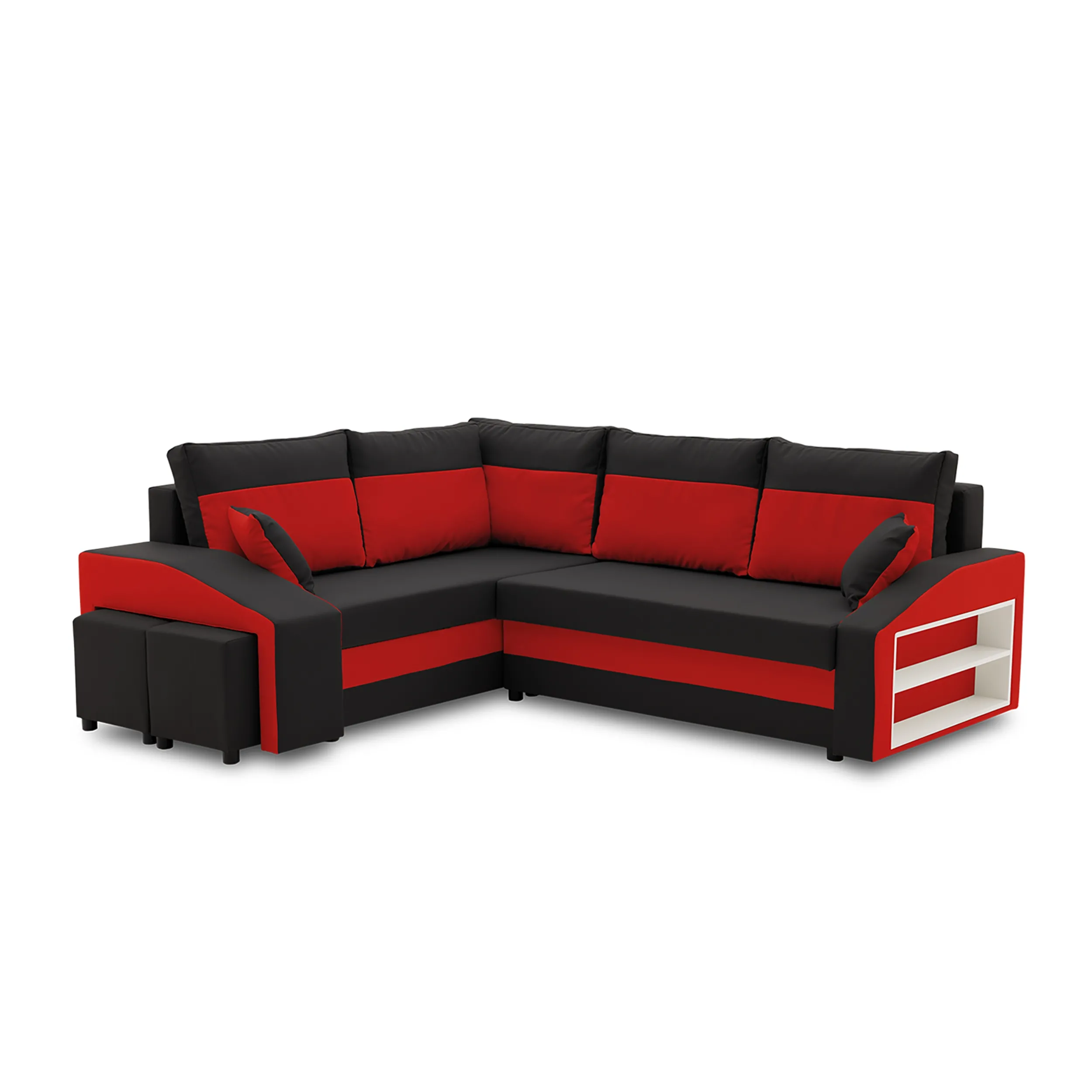 Narożnik, lewy, półka, pufy w lewym, LUSSO, 254x179x82 cm, czarny, czerwony
