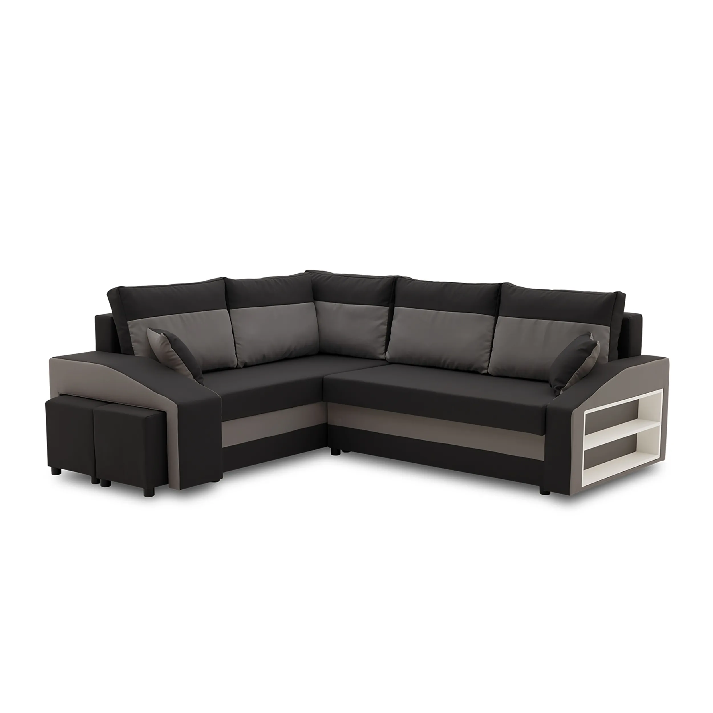 Narożnik, lewy, półka, pufy w lewym, LUSSO, 254x179x82 cm, czarny, szary