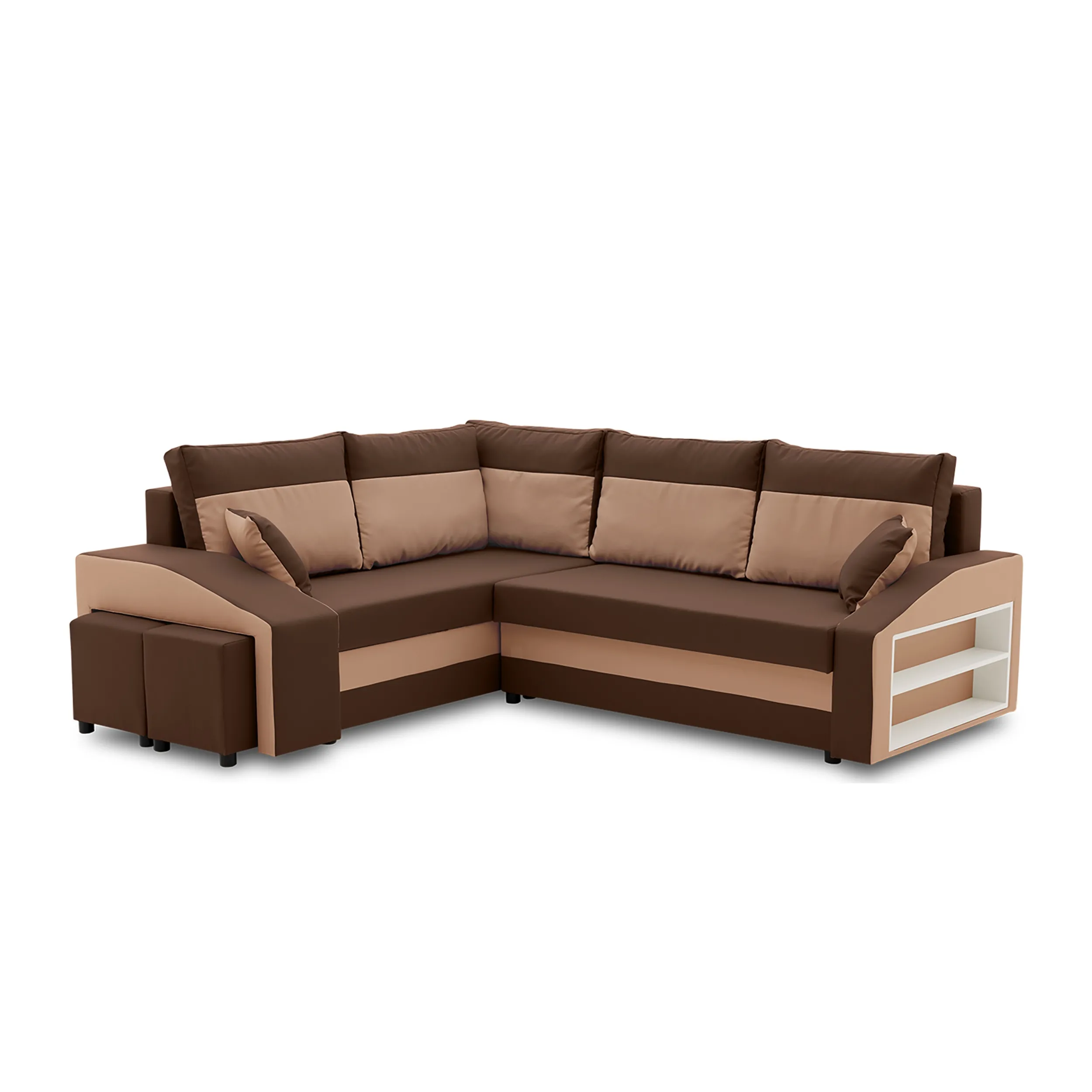 Narożnik, lewy, półka, pufy w lewym, LUSSO, 254x179x82 cm, brąz