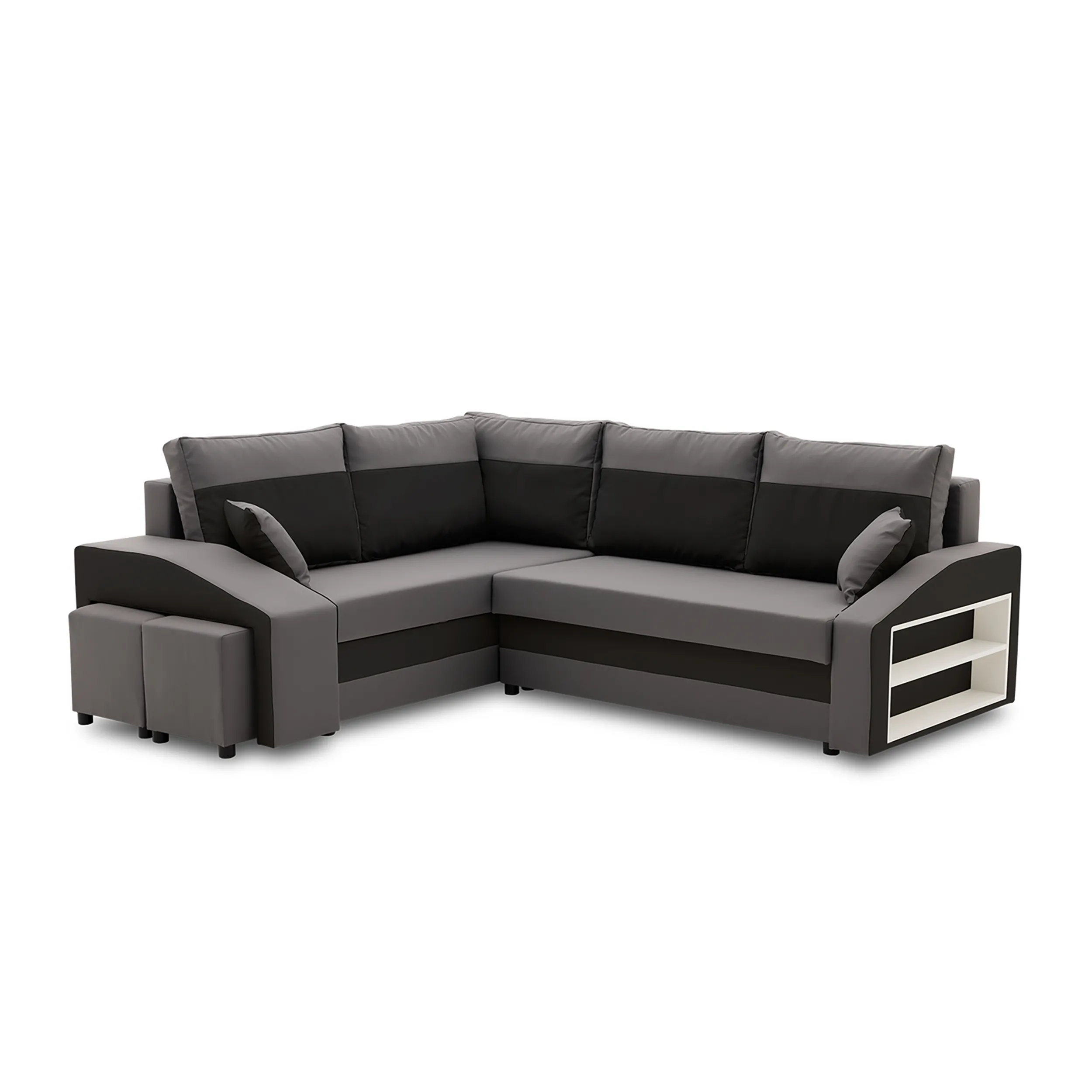 Narożnik, lewy, półka, pufy w lewym, LUSSO, 254x179x82 cm, szary, czarny