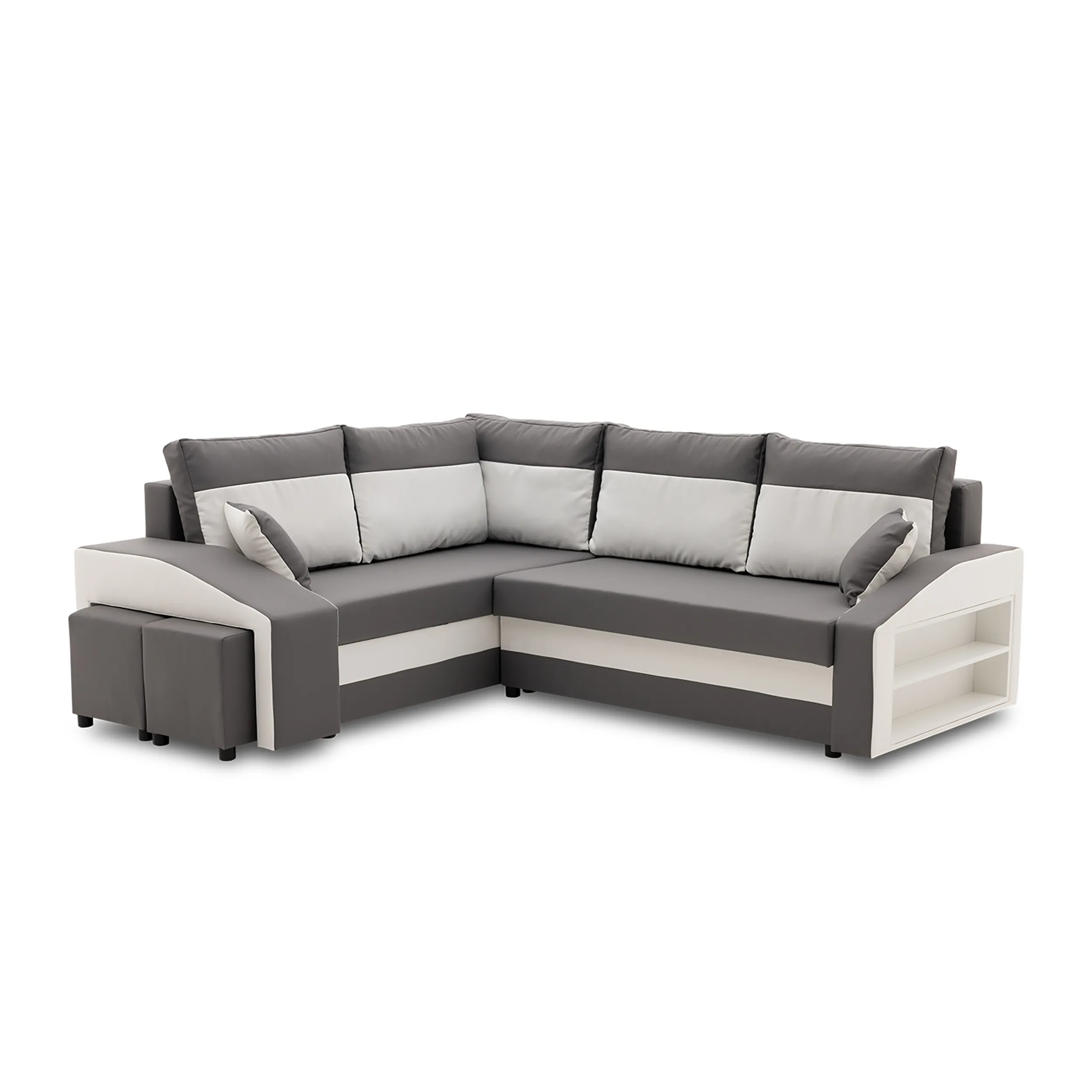 Narożnik, lewy, półka, pufy w lewym, LUSSO, 254x179x82 cm, szary, biały