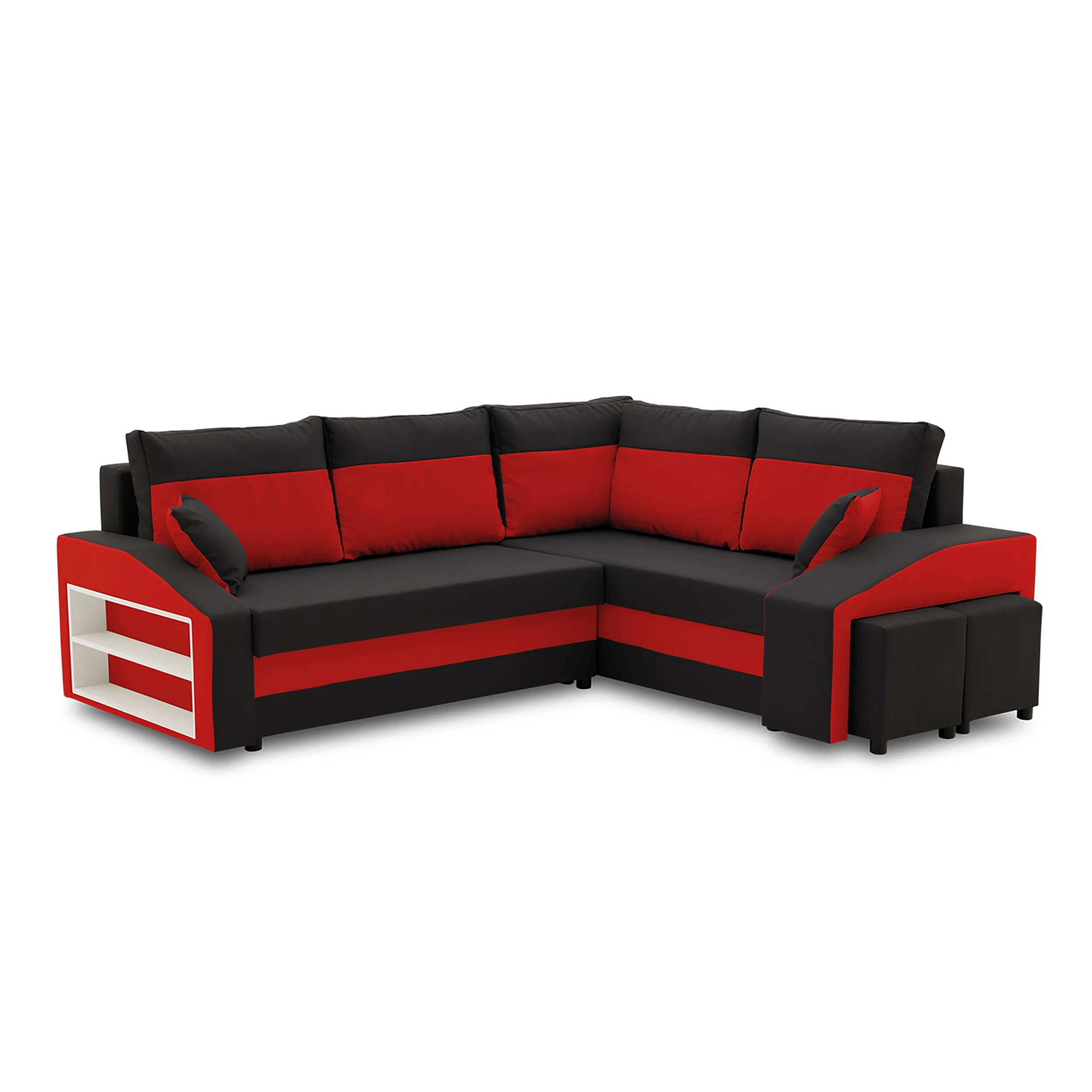 Narożnik, prawy, półka, pufy w prawym, LUSSO, 254x179x82 cm, czarny, czerwony