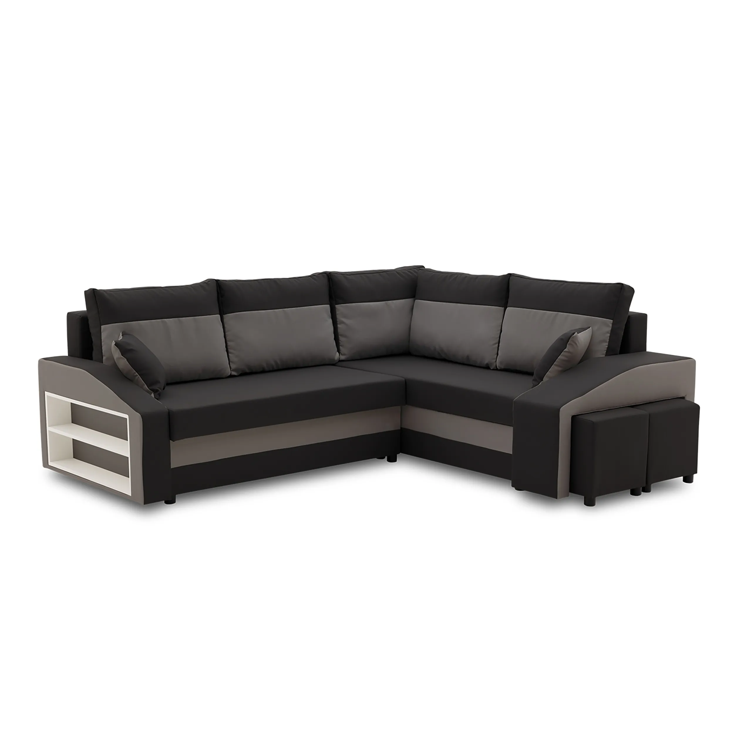 Narożnik, prawy, półka, pufy w prawym, LUSSO, 254x179x82 cm, czarny, szary