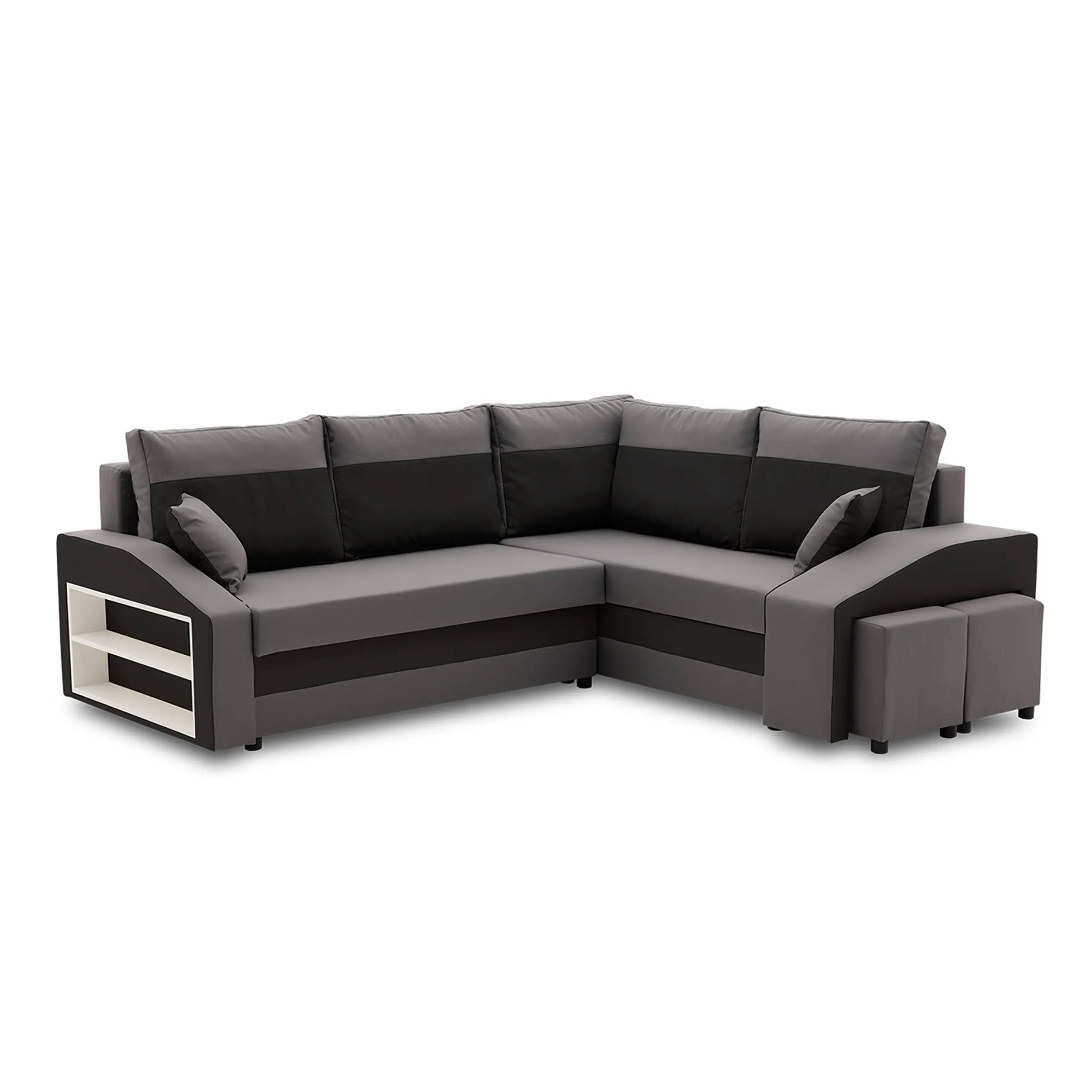 Narożnik, prawy, półka, pufy w prawym, LUSSO, 254x179x82 cm, szary, czarny