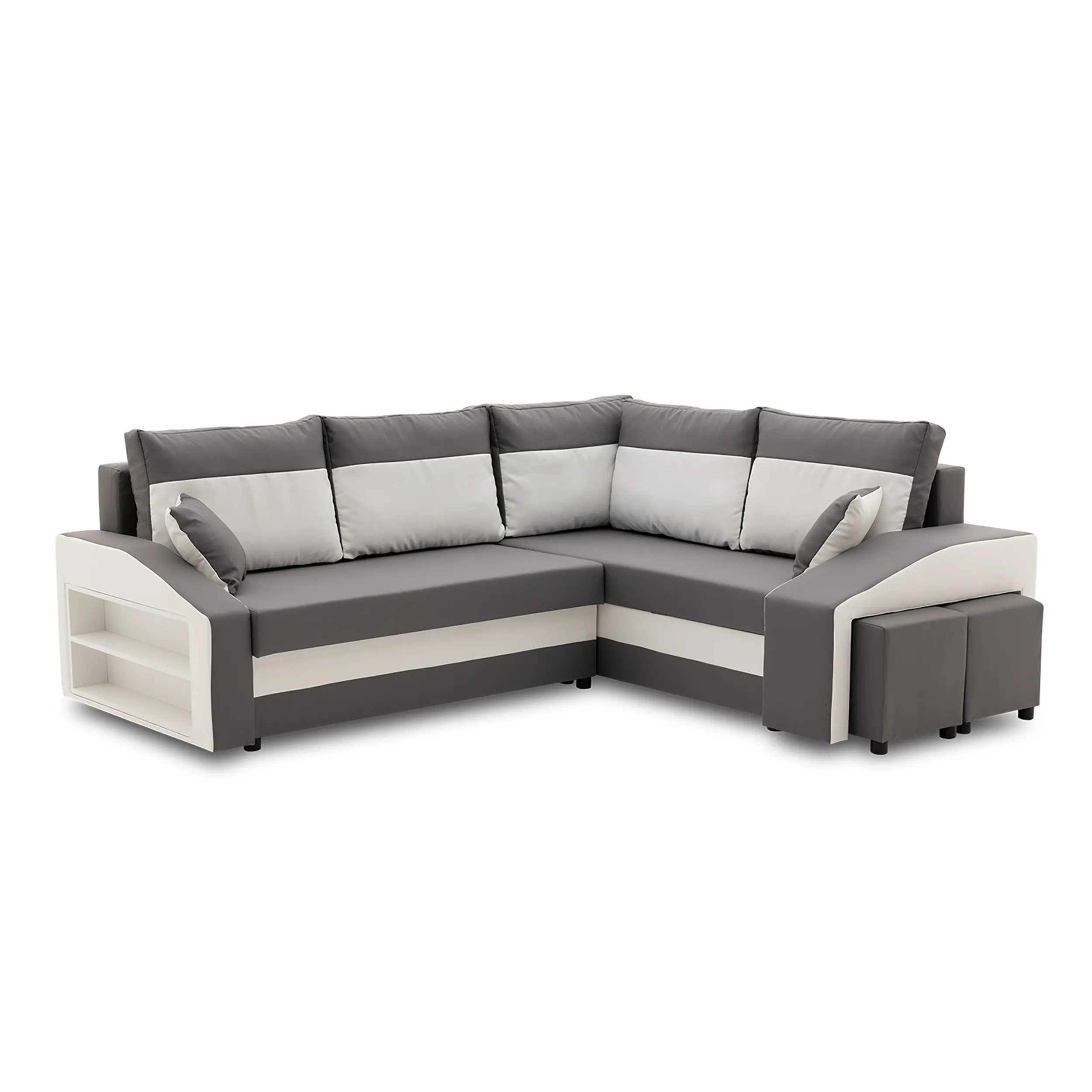 Narożnik, prawy, półka, pufy w prawym, LUSSO, 254x179x82 cm, szary, biały