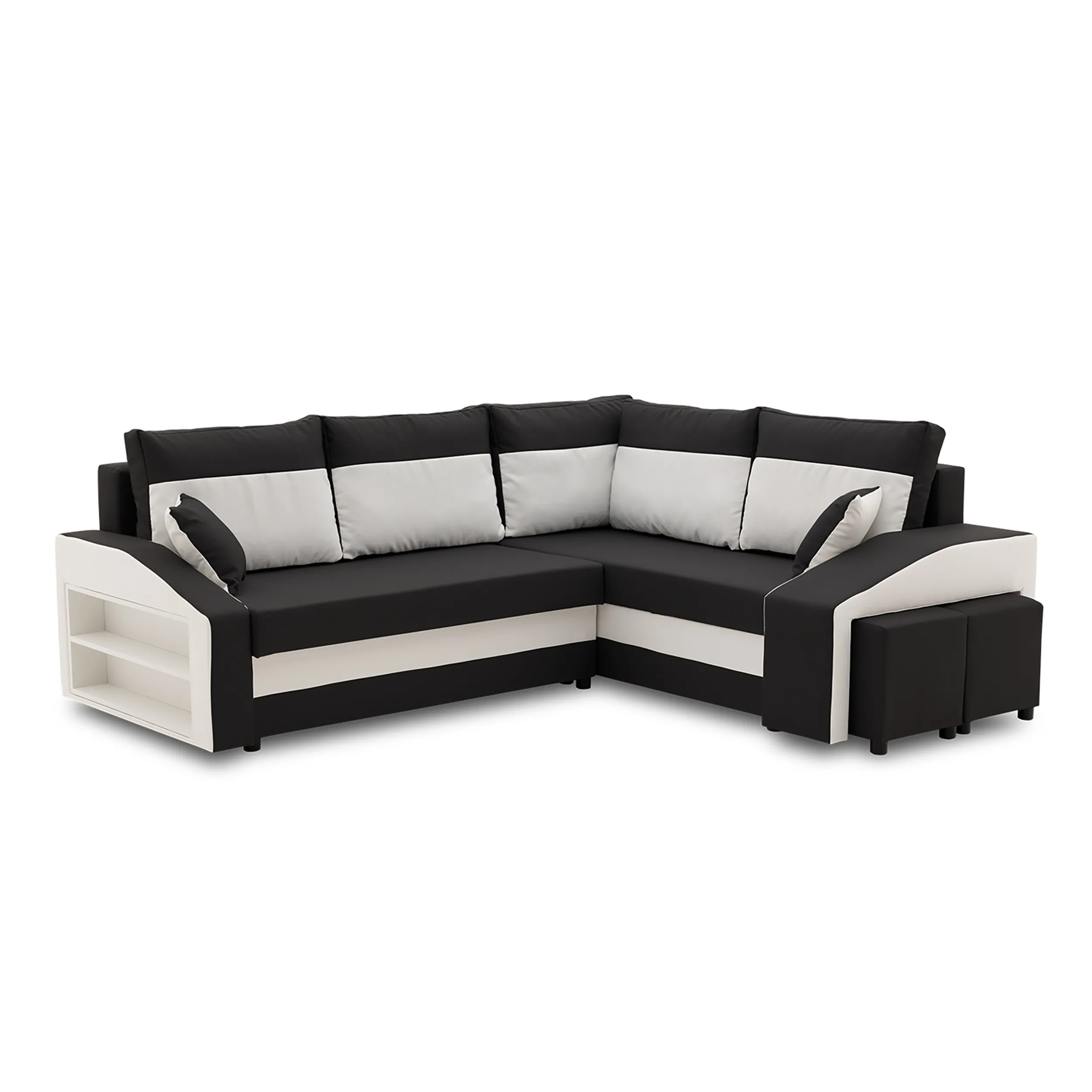 Narożnik, prawy, półka, pufy w prawym, LUSSO, 254x179x82 cm, czarny, biały