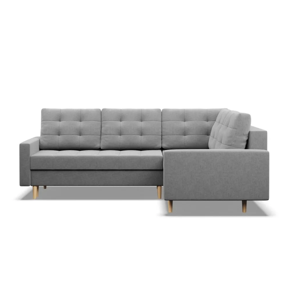 Narożnik na nóżkach, pikowany, prawy, NUBO, 233x172x92 cm, jasny szary