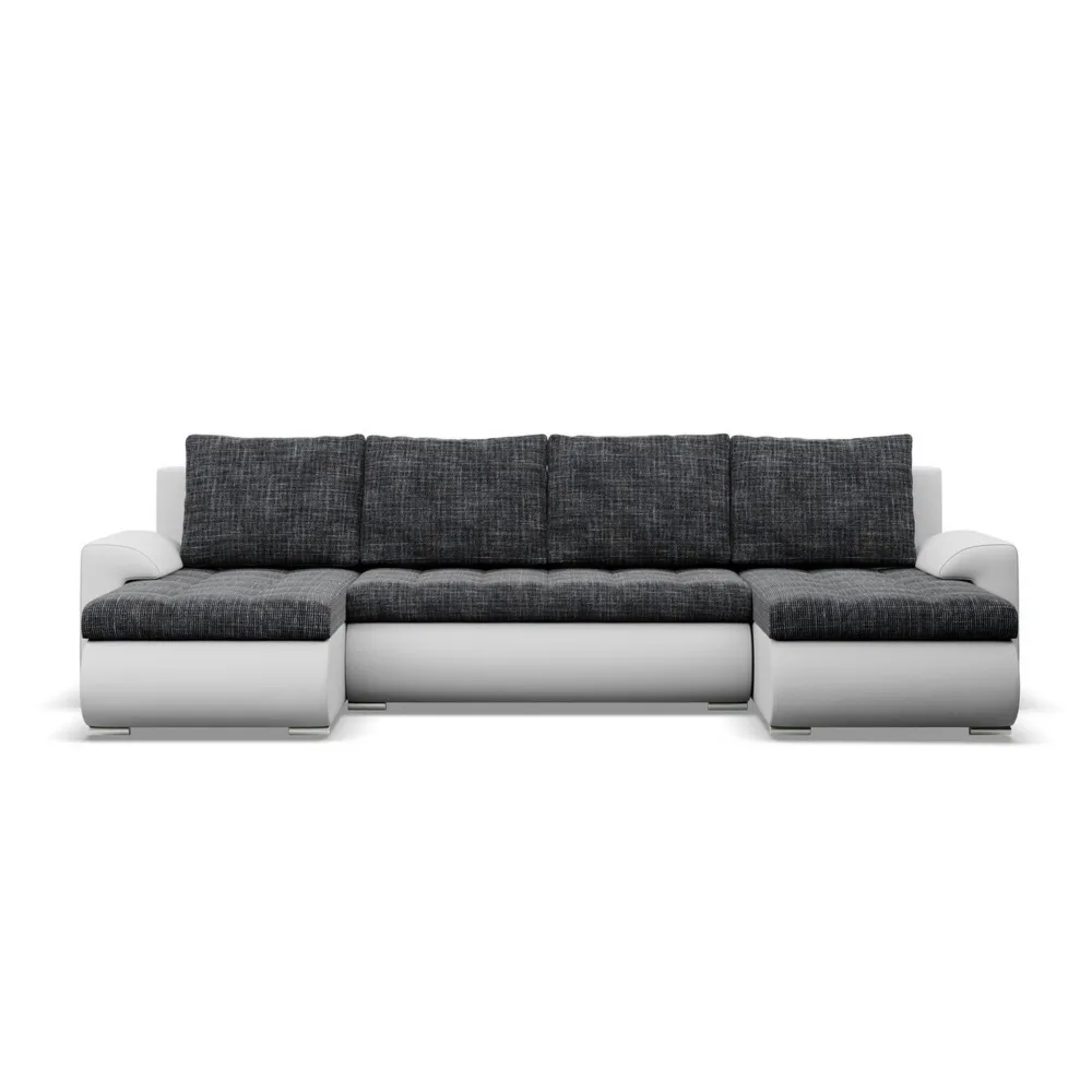 Narożnik U, z leżankami, BOSCO, ekoskóra, plecionka, 302x159x89 cm, biały, ciemny szary