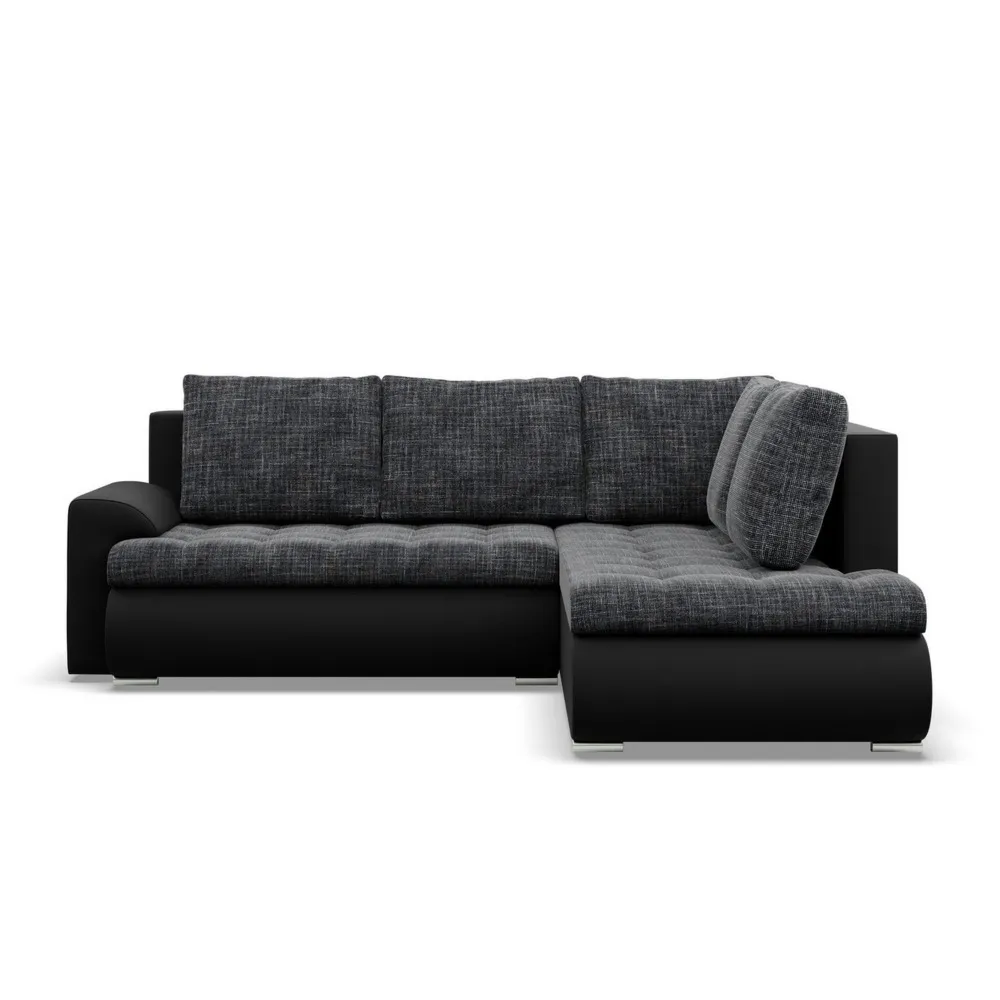 Narożnik z otomaną, prawy, BOSCO, ekoskóra, plecionka, 230x200x89 cm, czarny, ciemny szary