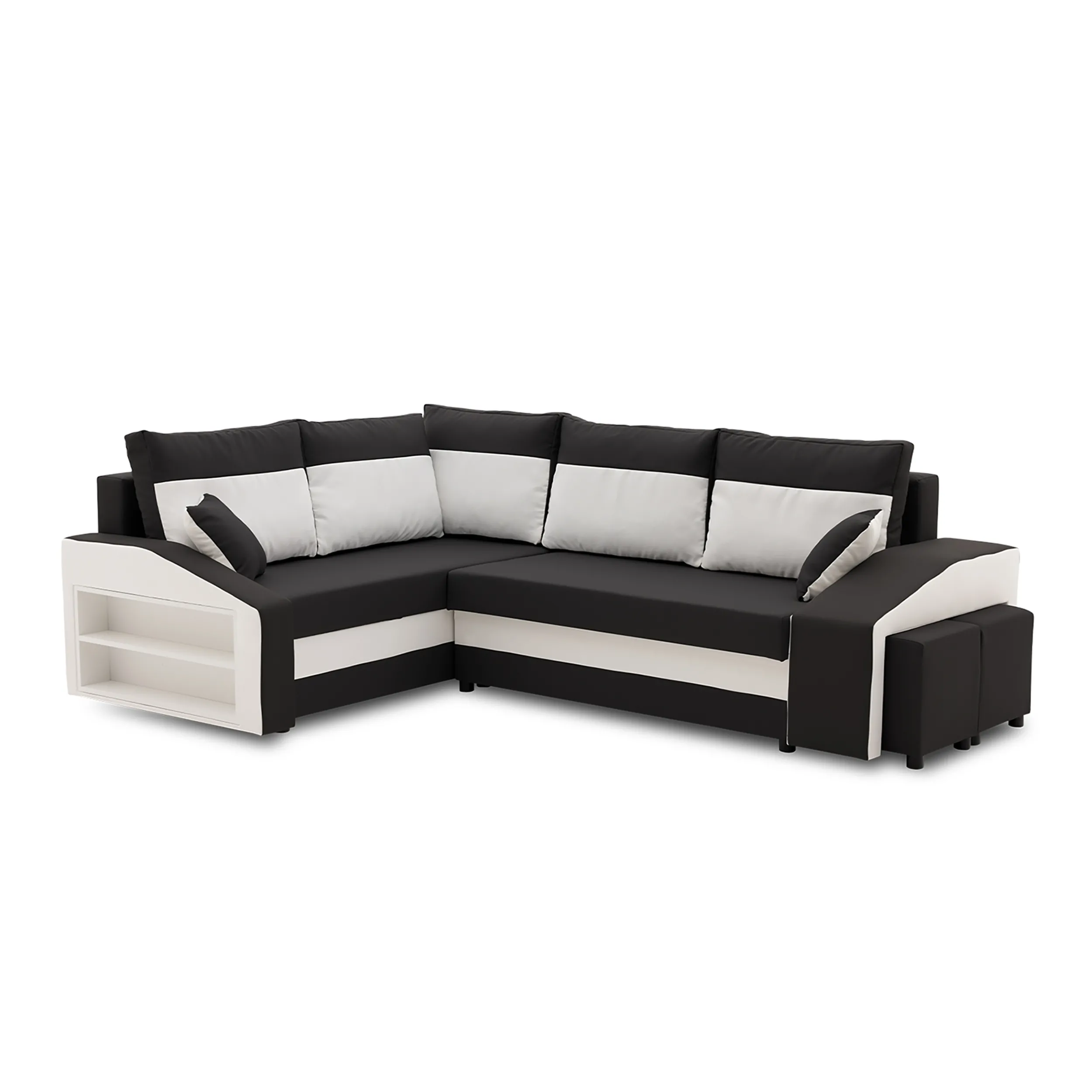 Narożnik, lewy, półka, pufy w prawym, LUSSO, 254x179x82 cm, czarny, biały