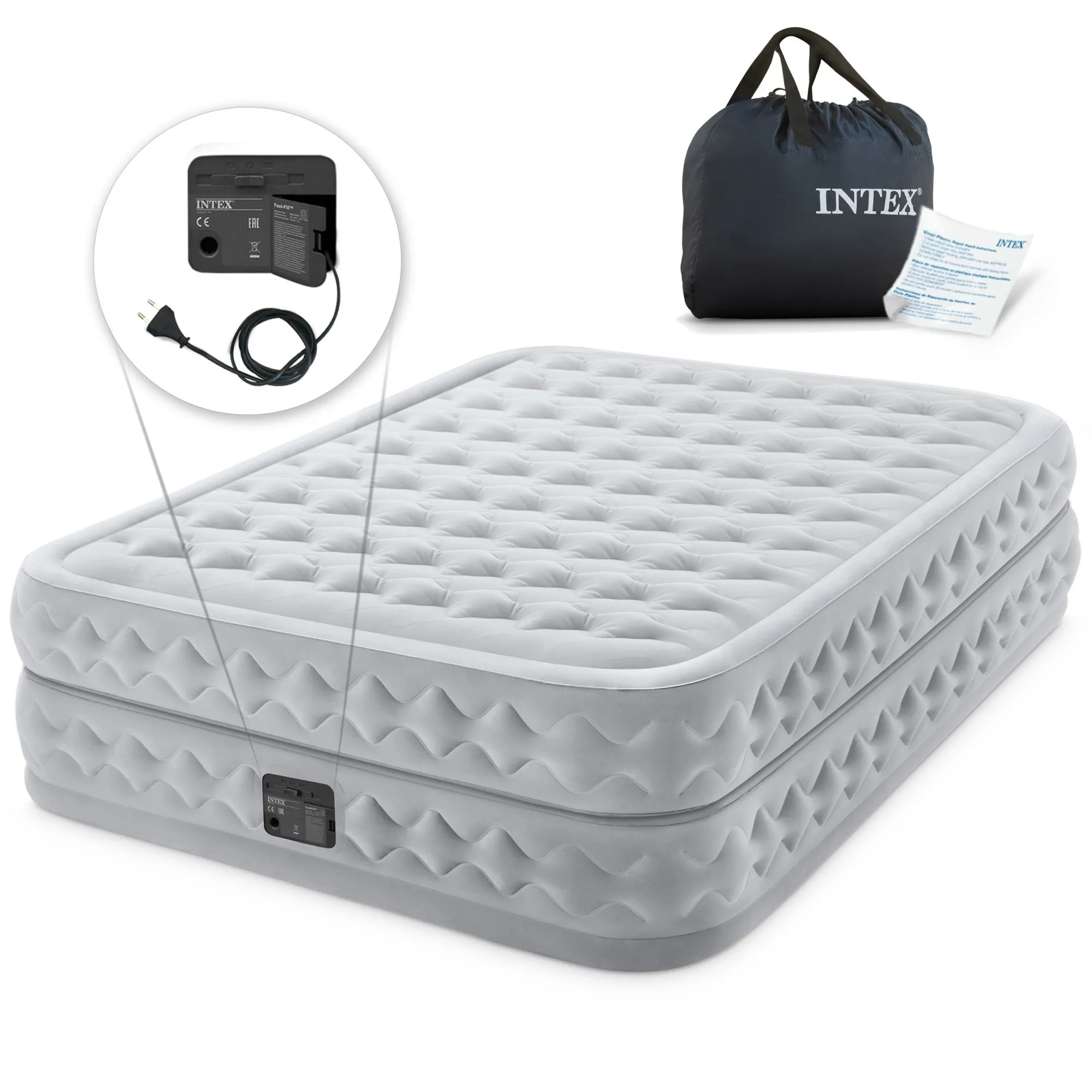 Materac dmuchany, z wbudowaną pompką, dwuosobowy, Intex, 203x152x51 cm