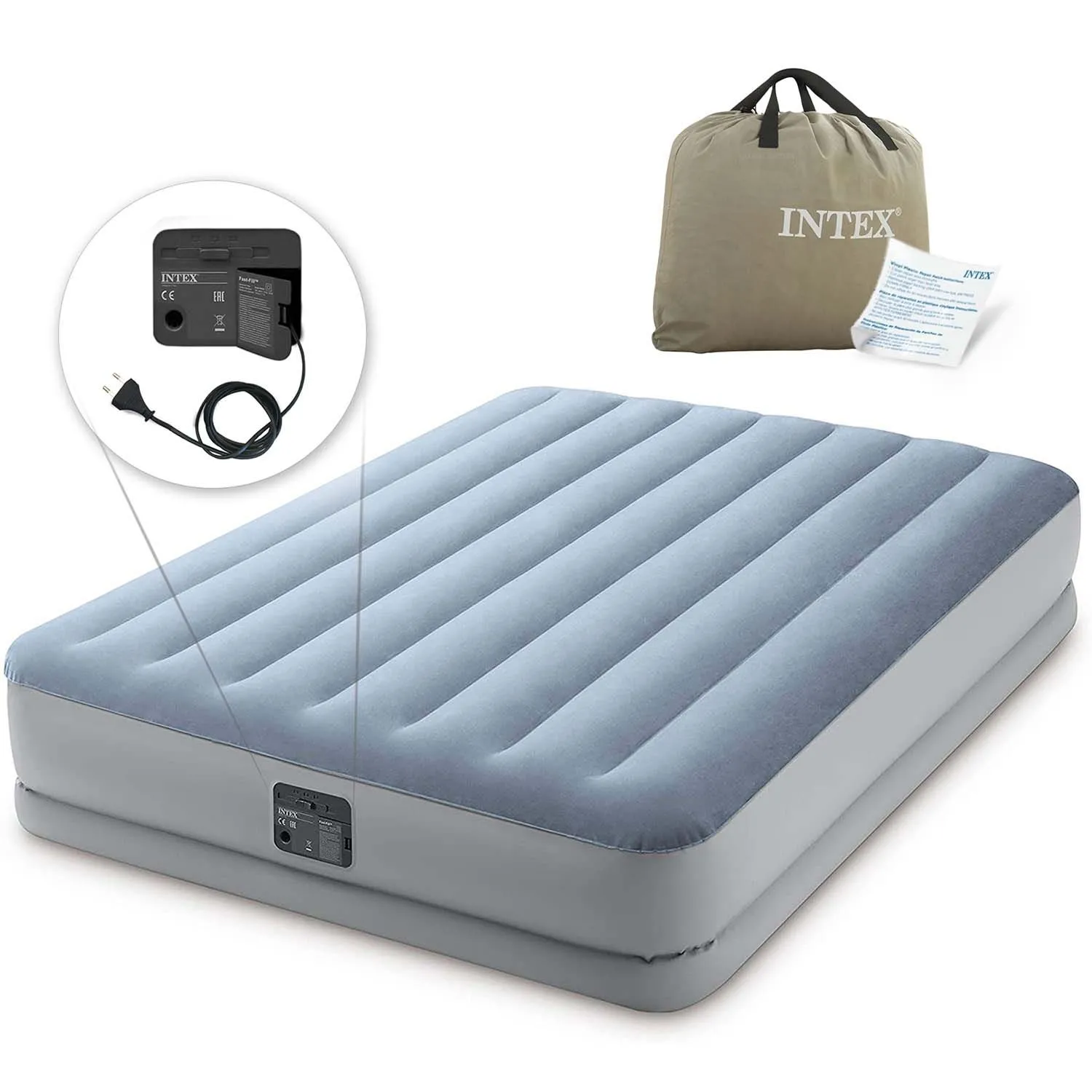 Materac dmuchany z pompką elektryczną, 2osobowy, Intex, 203x152x36 cm, szary