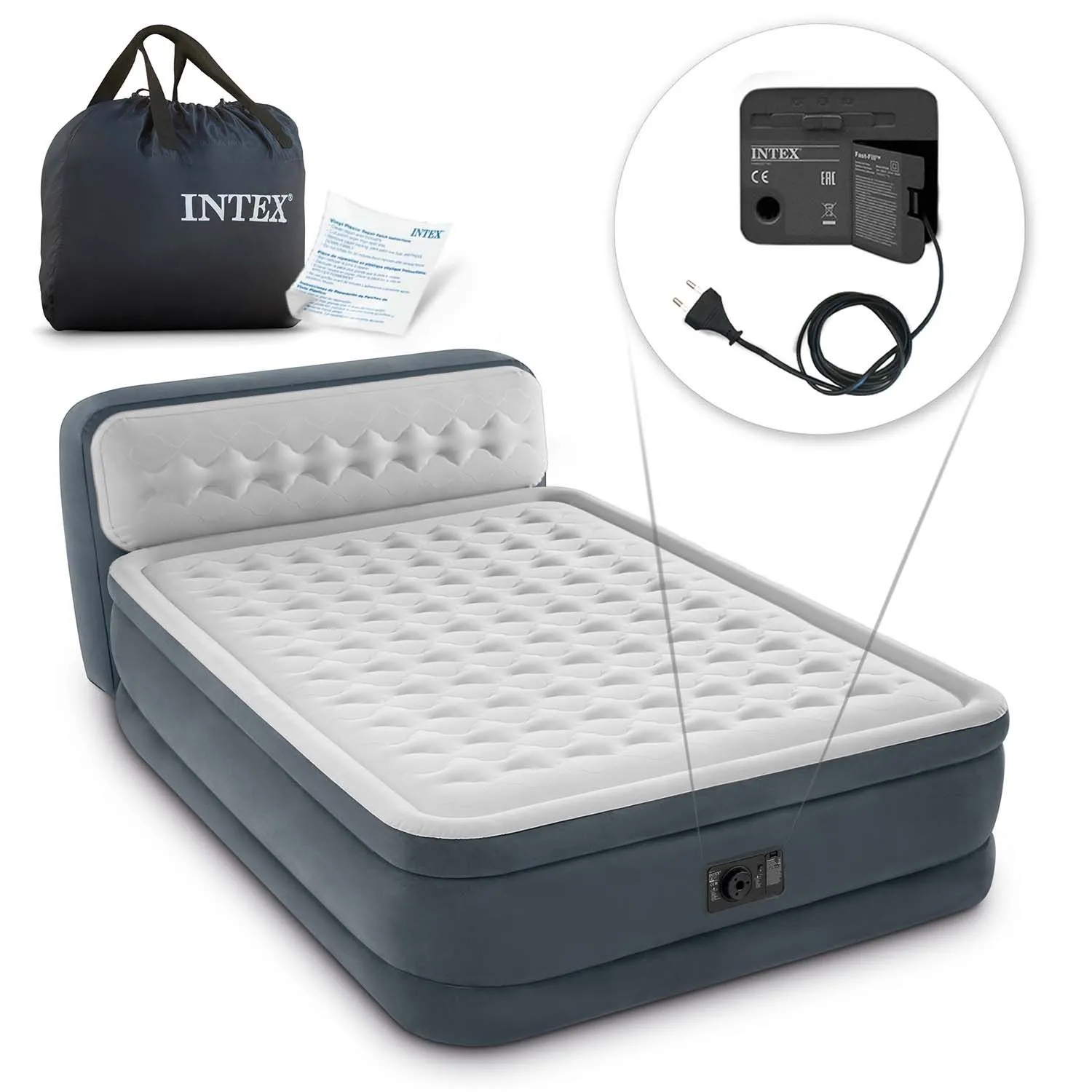 Materac dmuchany z pompką elektryczną, dwuosobowy, Intex, 236x152x86 cm, szary