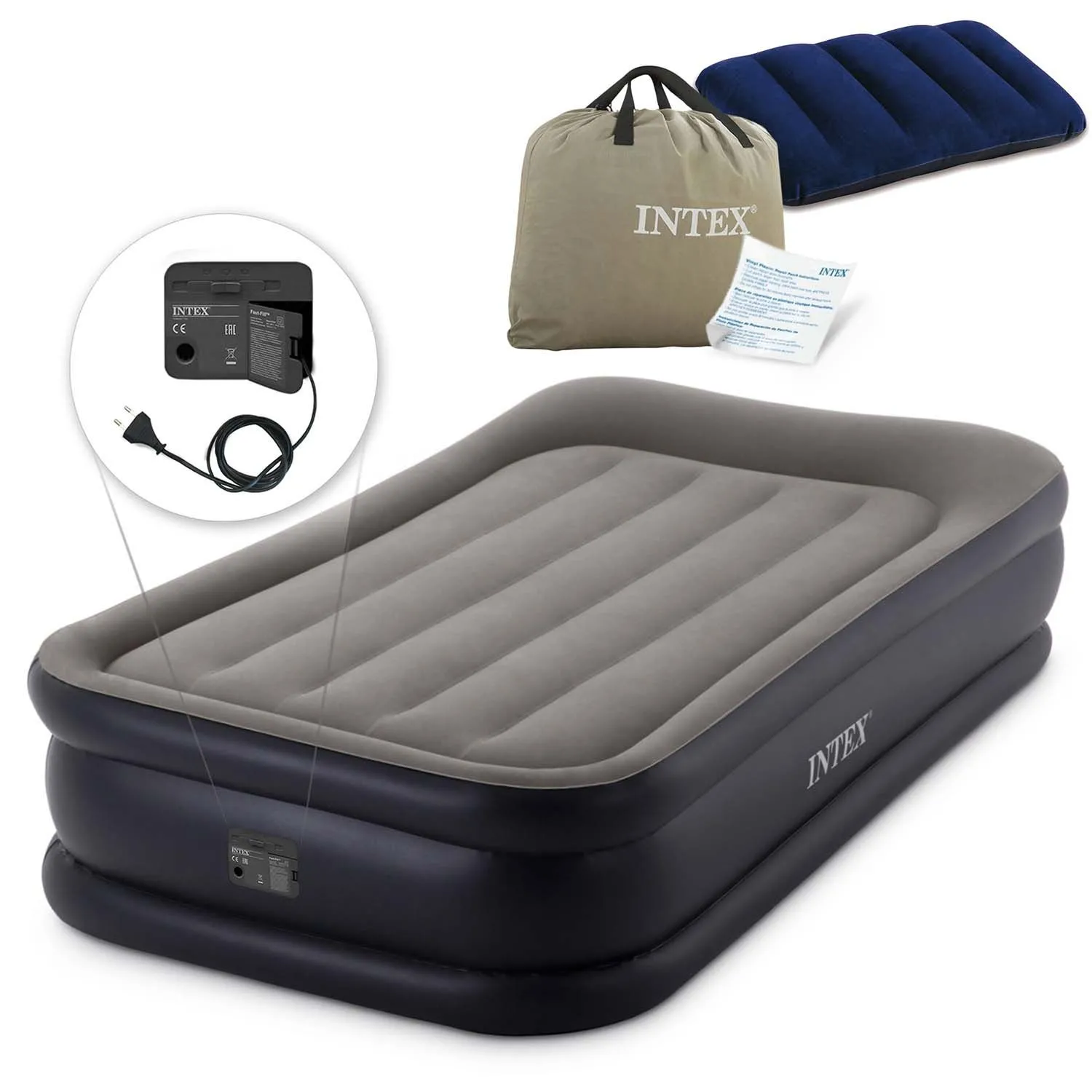 Materac dmuchany z wbudowaną pompką elektryczną, Intex, 191x99x42 cm, szary