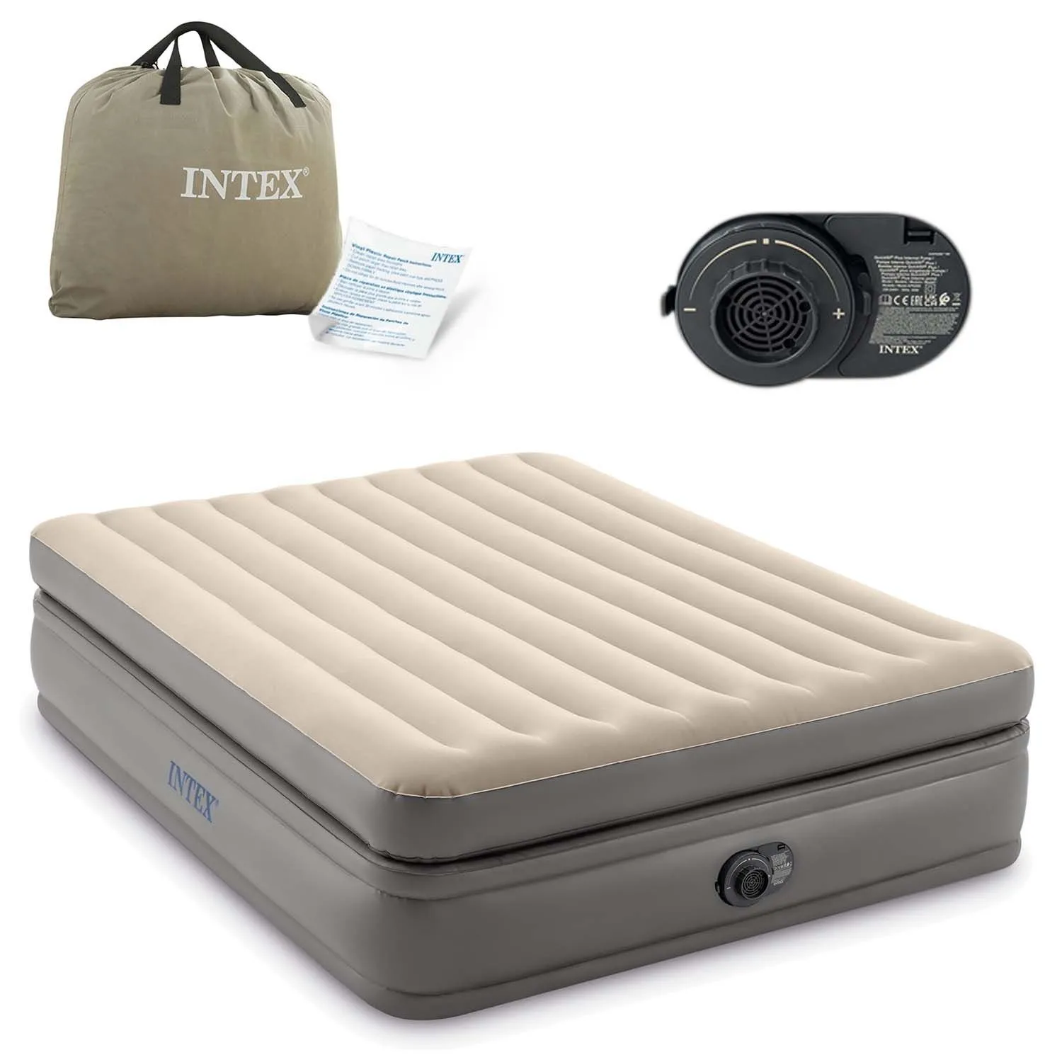 Materac dmuchany z wbudowaną pompką, Intex, 203x152x51 cm, beżowy