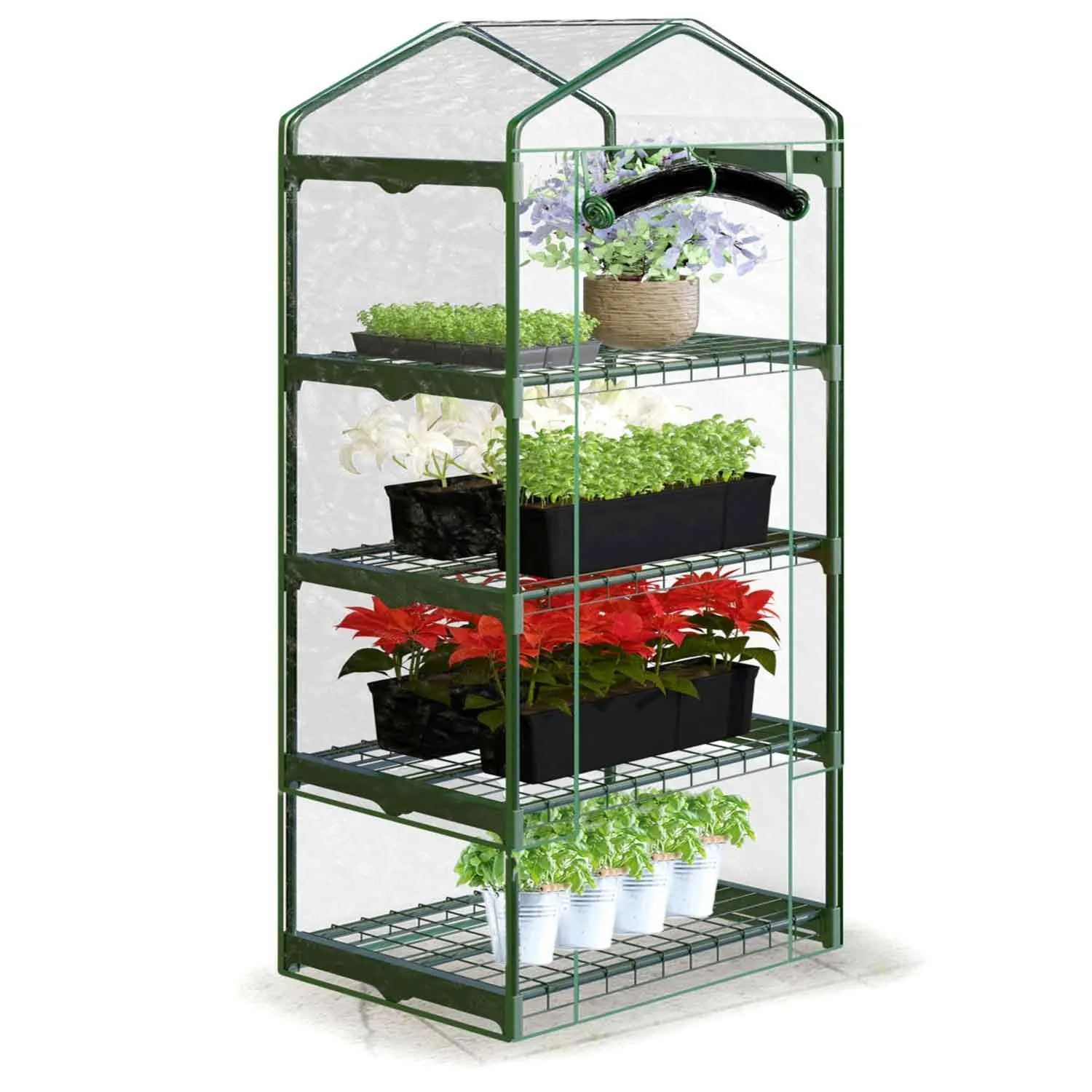 Szklarnia ogrodowa, regał, folia, 4 półki, 70x50x160 cm, zielona