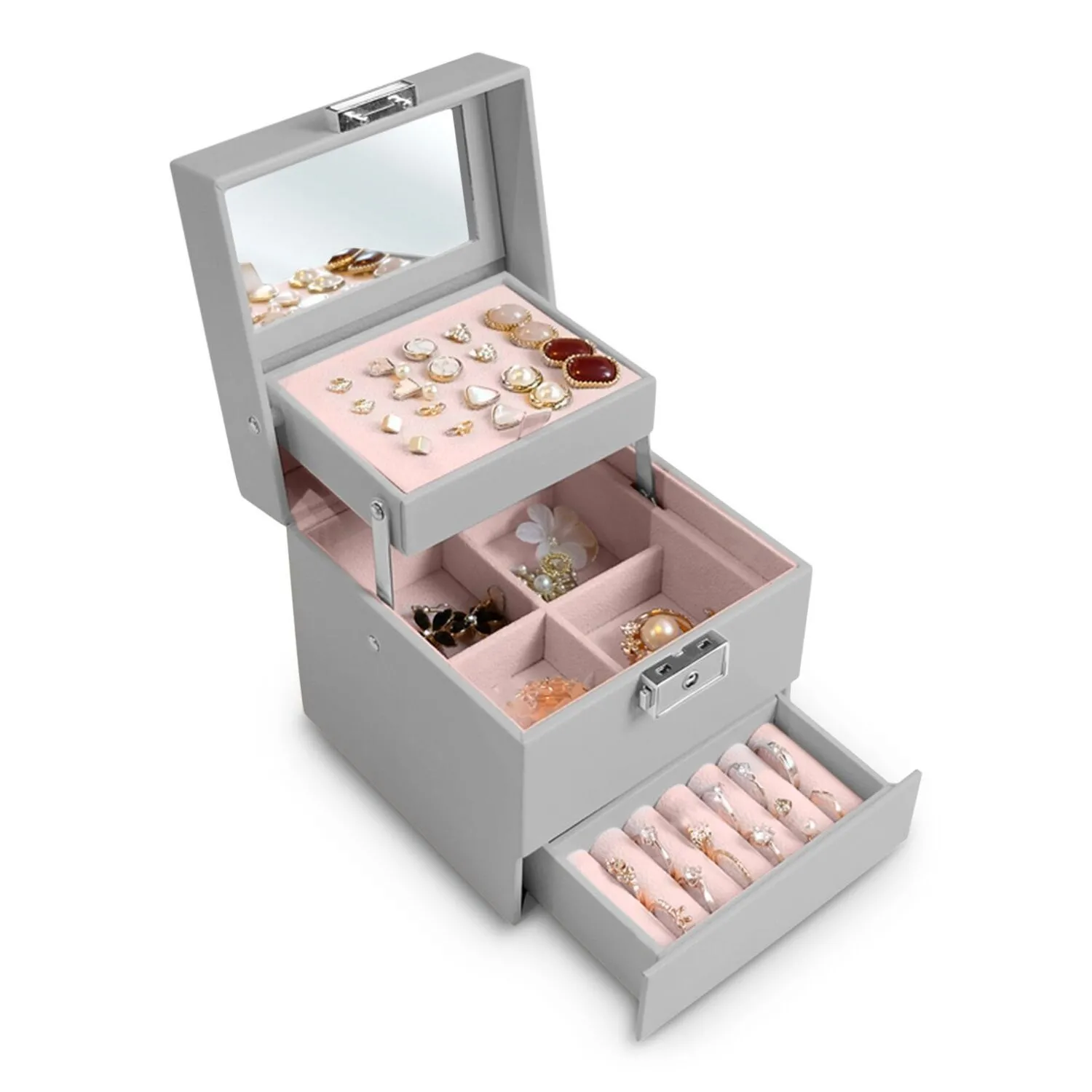 Pojemna szkatułka na biżuterię, Massido, 13x13x13 cm, szary