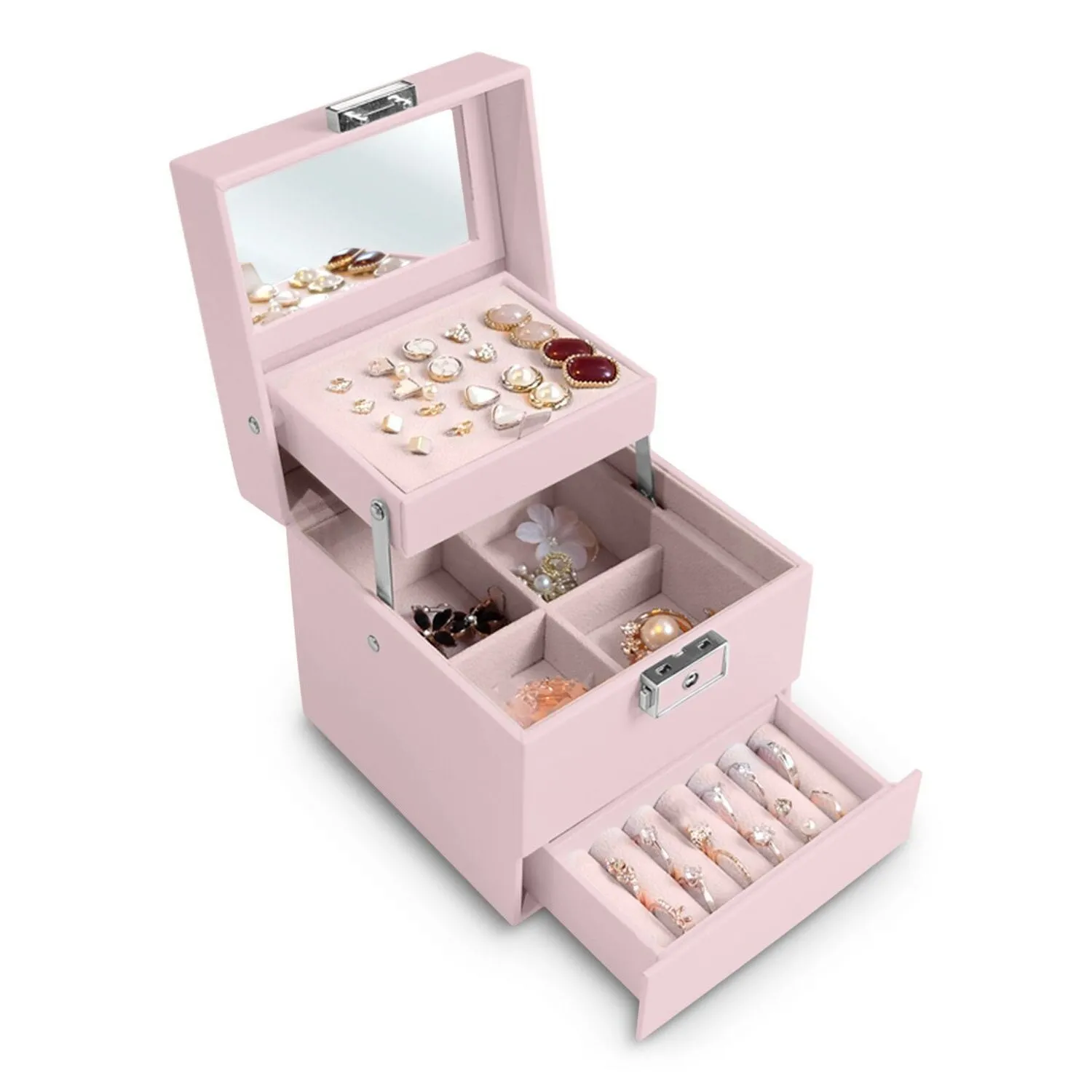 Pojemna szkatułka na biżuterię, Massido, 13x13x13 cm, różowa