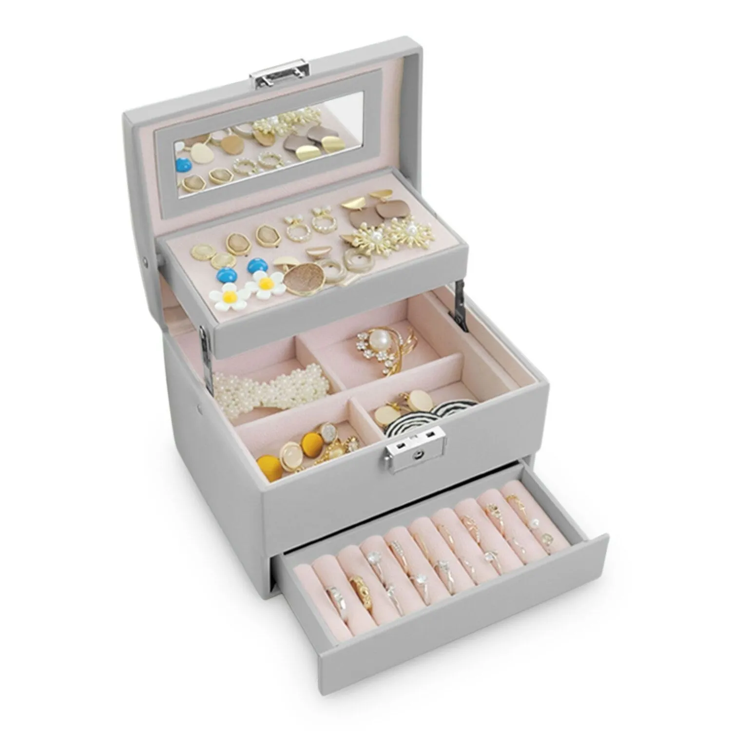 Szkatułka na biżuterię z rączką, Massido, 17x14x12 cm, szara