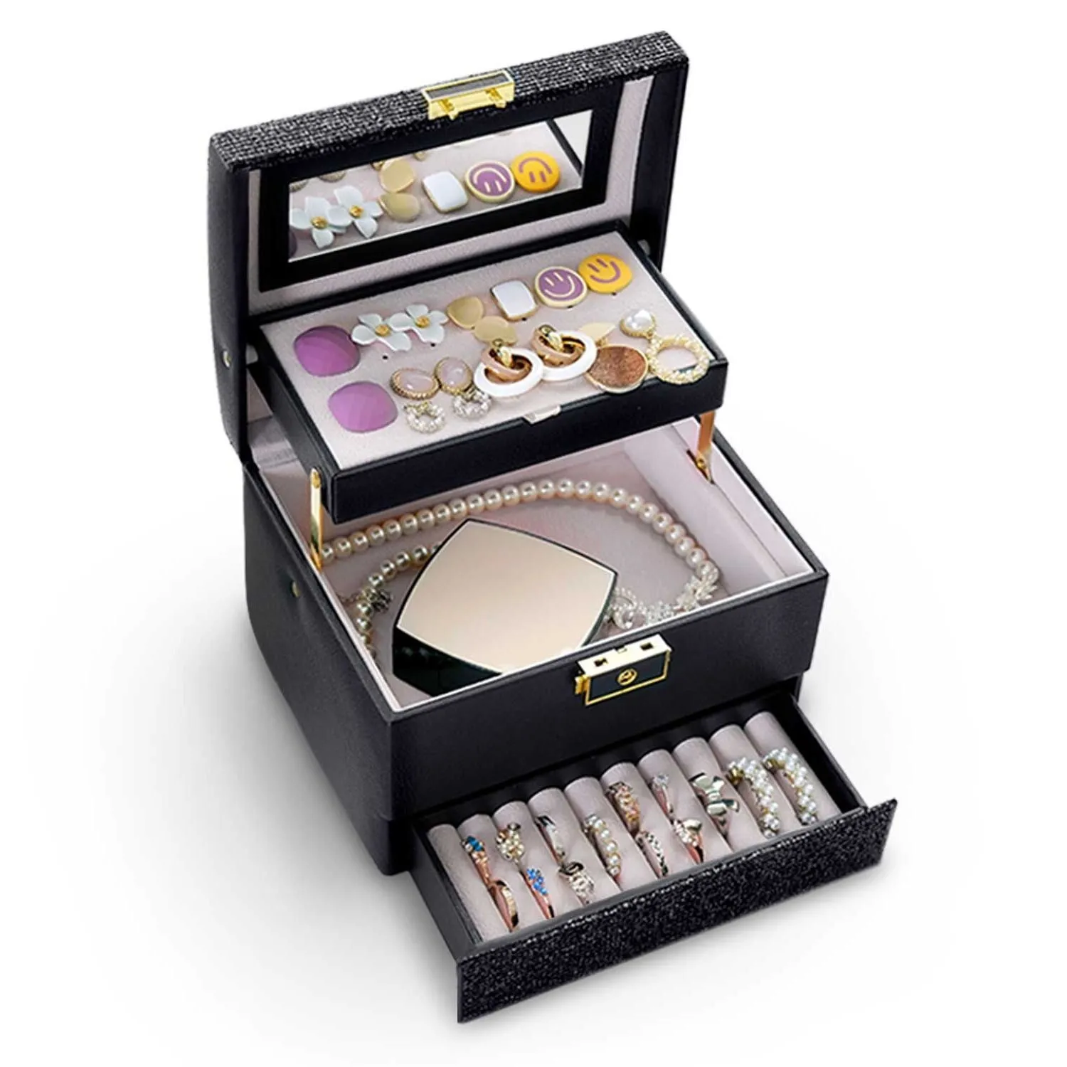 Kuferek na biżuterię, Massido, 18x14x13 cm, czarny