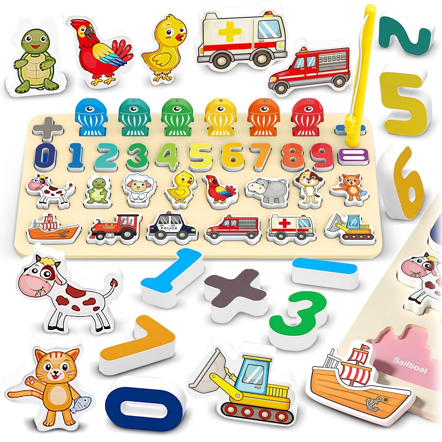 Tablica edukacyjna, cyfry, zwierzaki i pojazdy, Ricokids