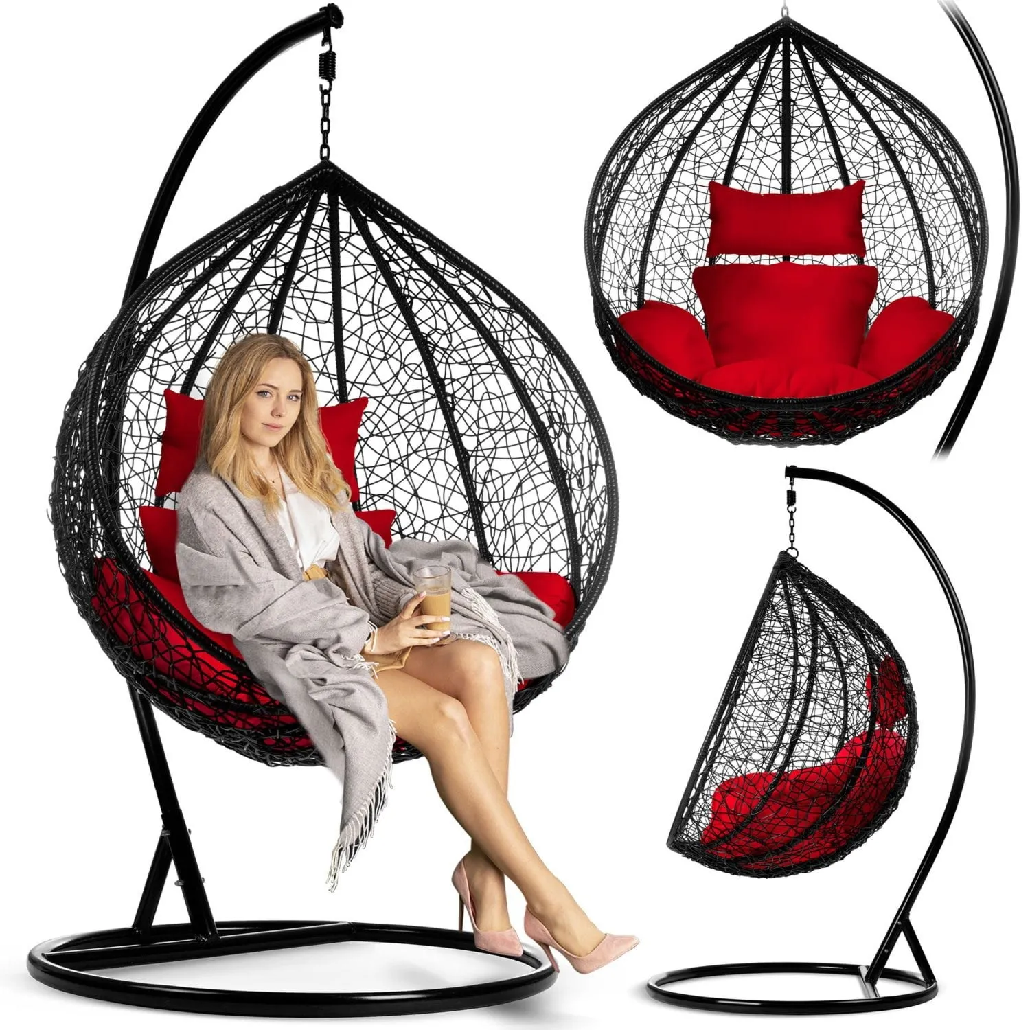 Fotel ogrodowy, wiszący, 202x105x105 cm, Hawana, czarny, czerwony