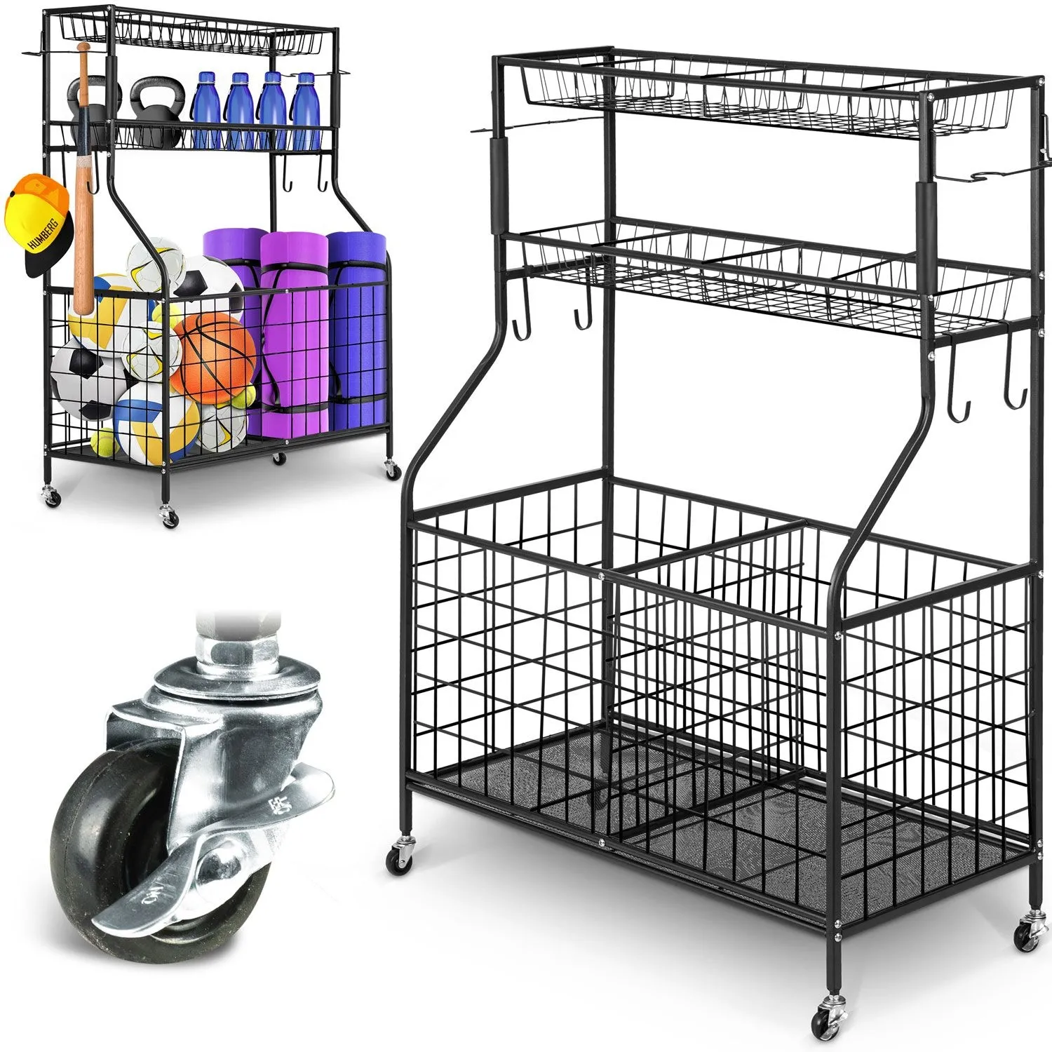 Regał z koszem na kółkach, metalowy, 91x42x124 cm, czarny