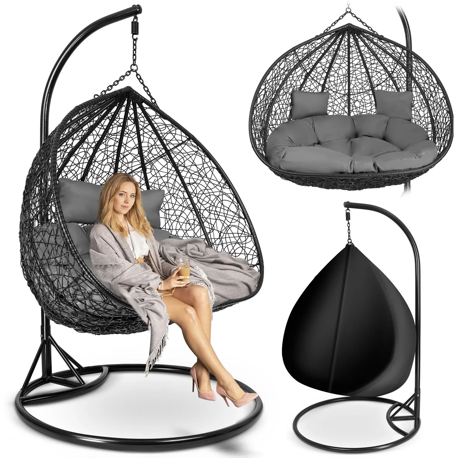 Fotel ogrodowy wiszący, Hawana Duo, 118x200 cm, czarny, szary