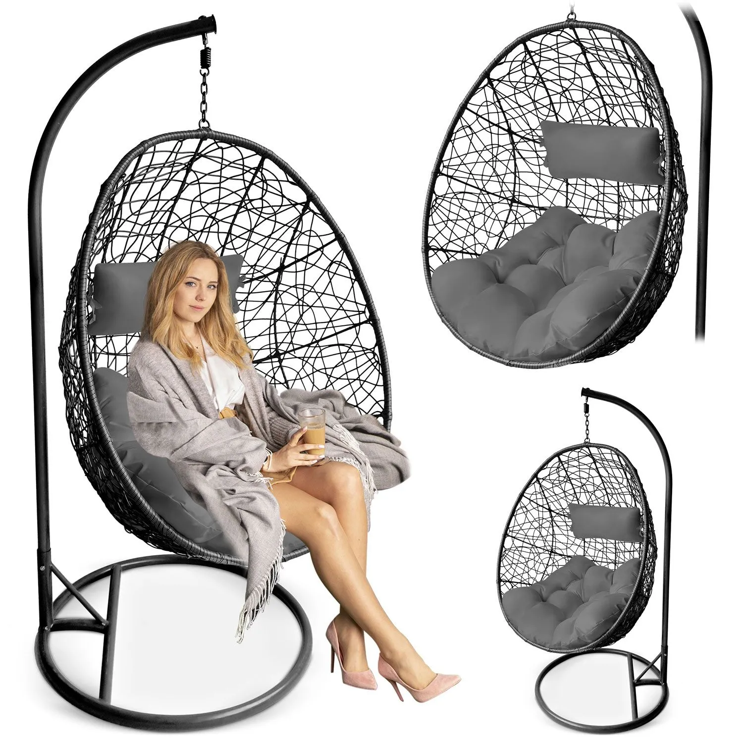 Fotel ogrodowy, wiszący, Brava, 94x192 cm, czarny, szary