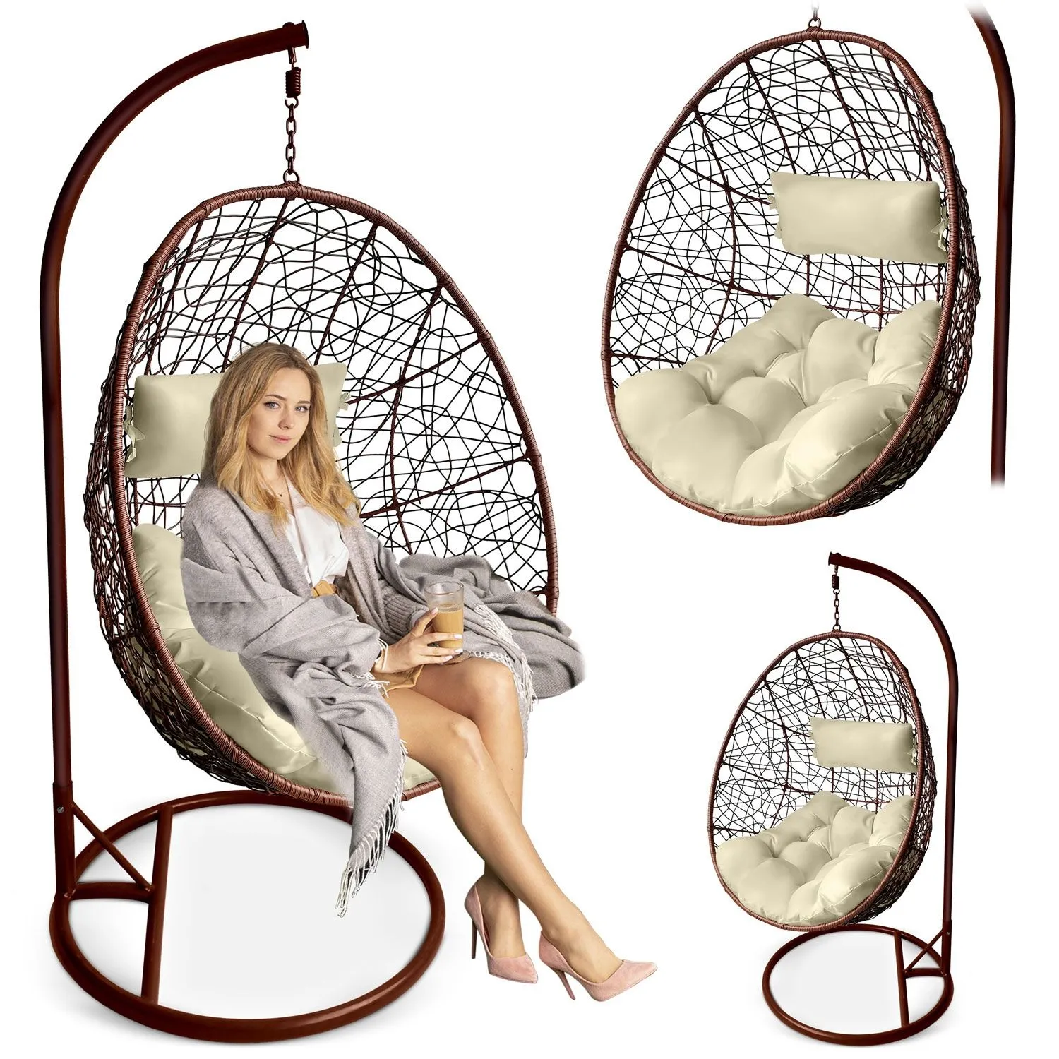 Fotel ogrodowy, wiszący, Brava, 94x192 cm, brązowy, beżowy